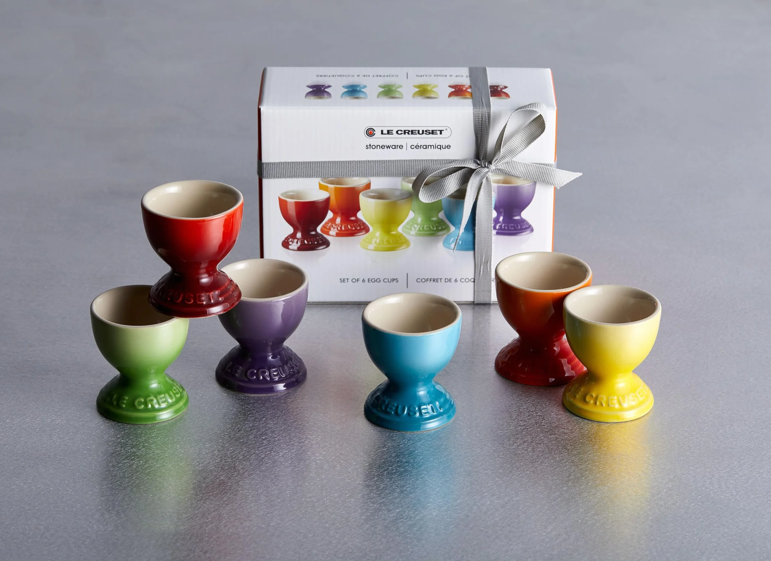 Le Creuset Ceramiczne kubki do jajek tęczowych, zestaw 6 sztuk, cerys, wulkaniczny, soleiliter, palma, turkusowe i ultrafioletowe