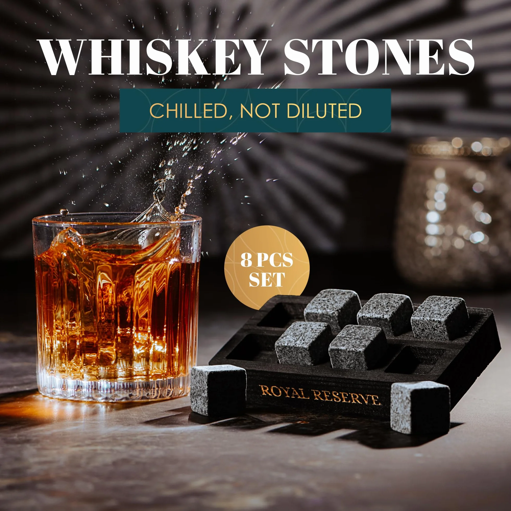 Prezenty do whisky dla mężczyzn – zestaw kamieni do whisky wielokrotnego użytku w czarnej drewnianej tacy – kostki lodu burbon, kamienie chłodzące, prezenty na emeryturę dla mężczyzn, męża,