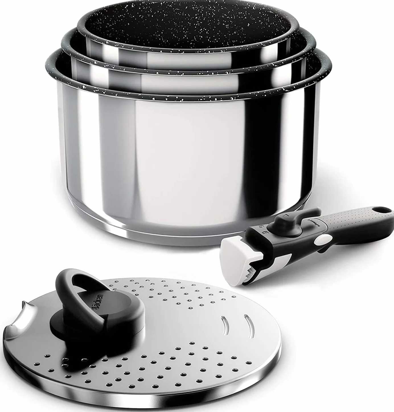 Backen 391505, Zestaw Garnków 16,18,20cm, Stal nierdzewna, 5 Części, Indukcja, 1 Rączka zdejmowana, 1 Pokrywa Wielofunkcyjna Metalowa, Zmywarka bezpieczna, Powłoka nieprzywierająca, Gwarancja 5 lat
