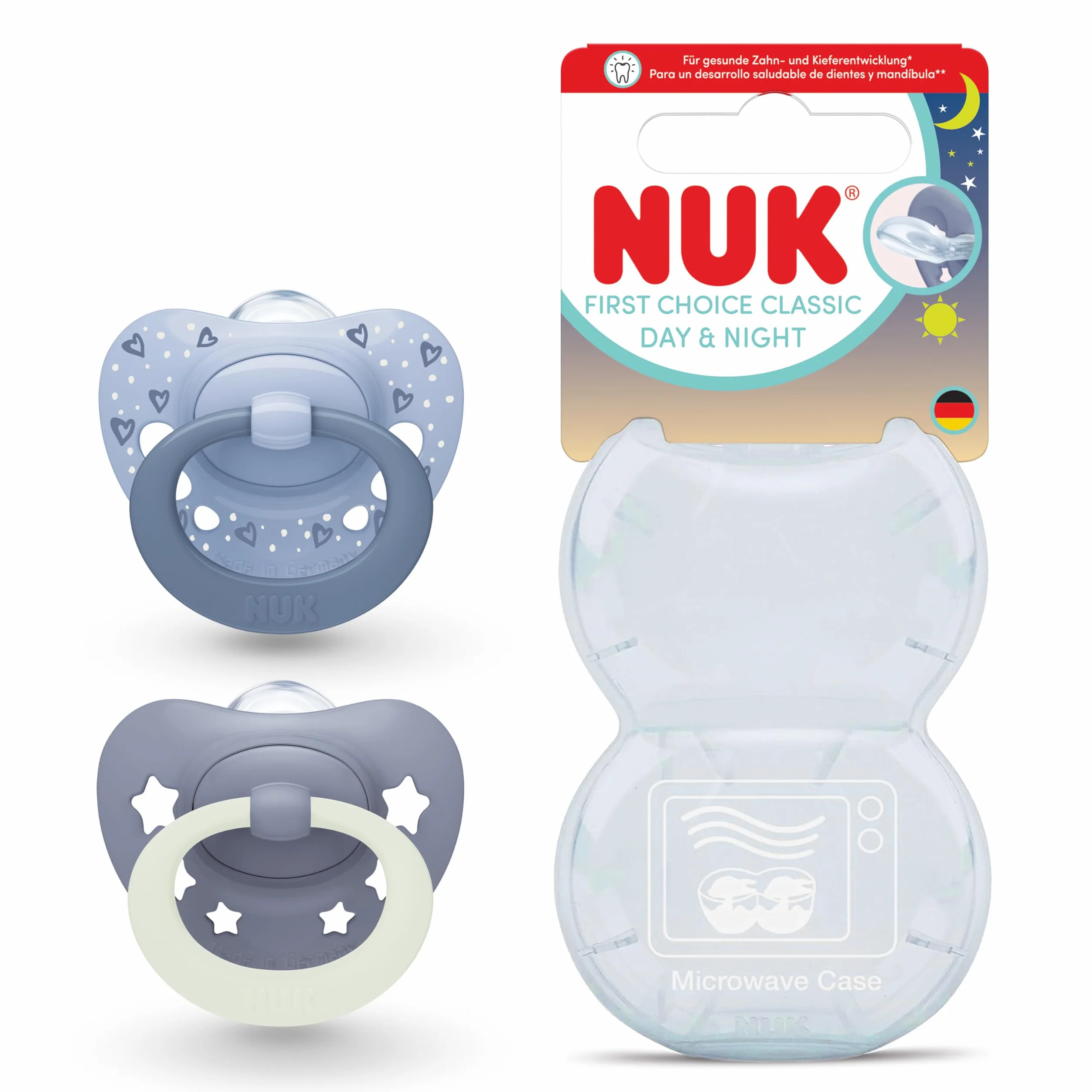 NUK First Choice Classic Night Smoczki dla niemowląt | 0-6 miesięcy | Ortodontyczne smoczki świecące w ciemności | 95% akceptacji przez niemowlęta** | Niebieskie | 2 sztuki