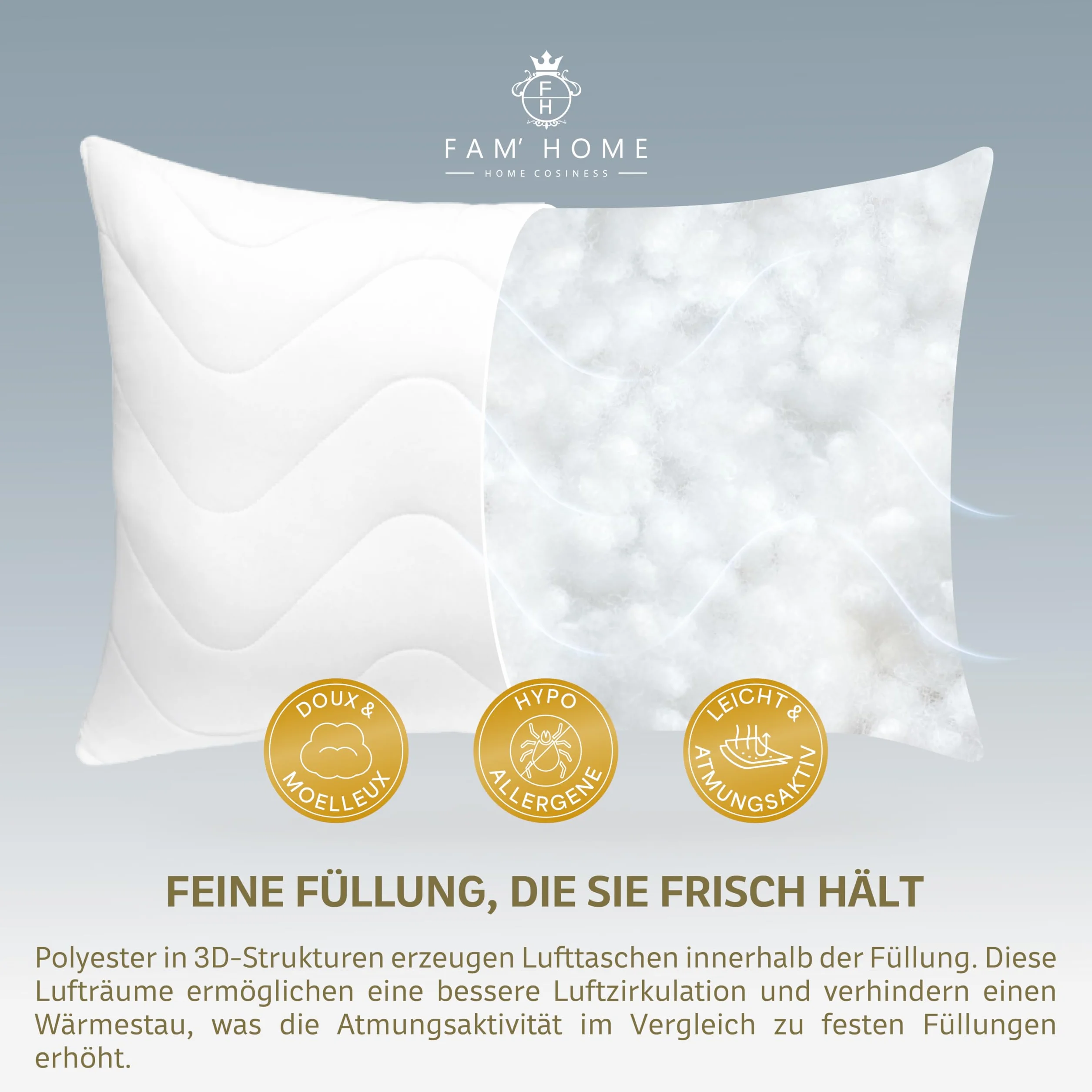 FAM' Home luksusowa poduszka 50 x 60 cm, zestaw 2 szt. – poduszka pod głowę, wypełnienie objętościowe (600 g), ergonomiczna biała poduszka do spania, łatwa pielęgnacja – poduszka dla alergików 50 x 60