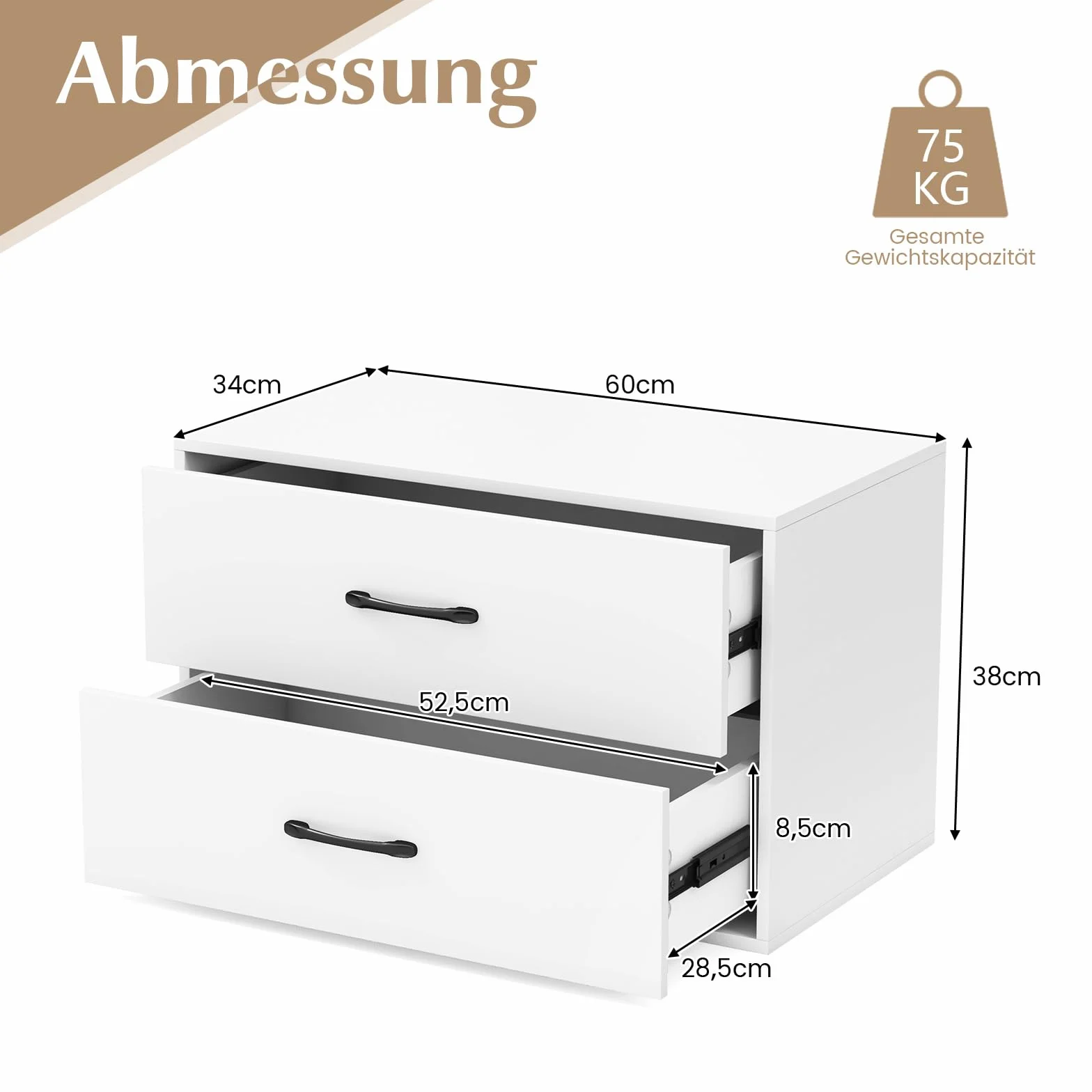COSTWAY Komoda z 2 szufladami, szafka drewniana do przechowywania 60 x 34 x 38 cm biała