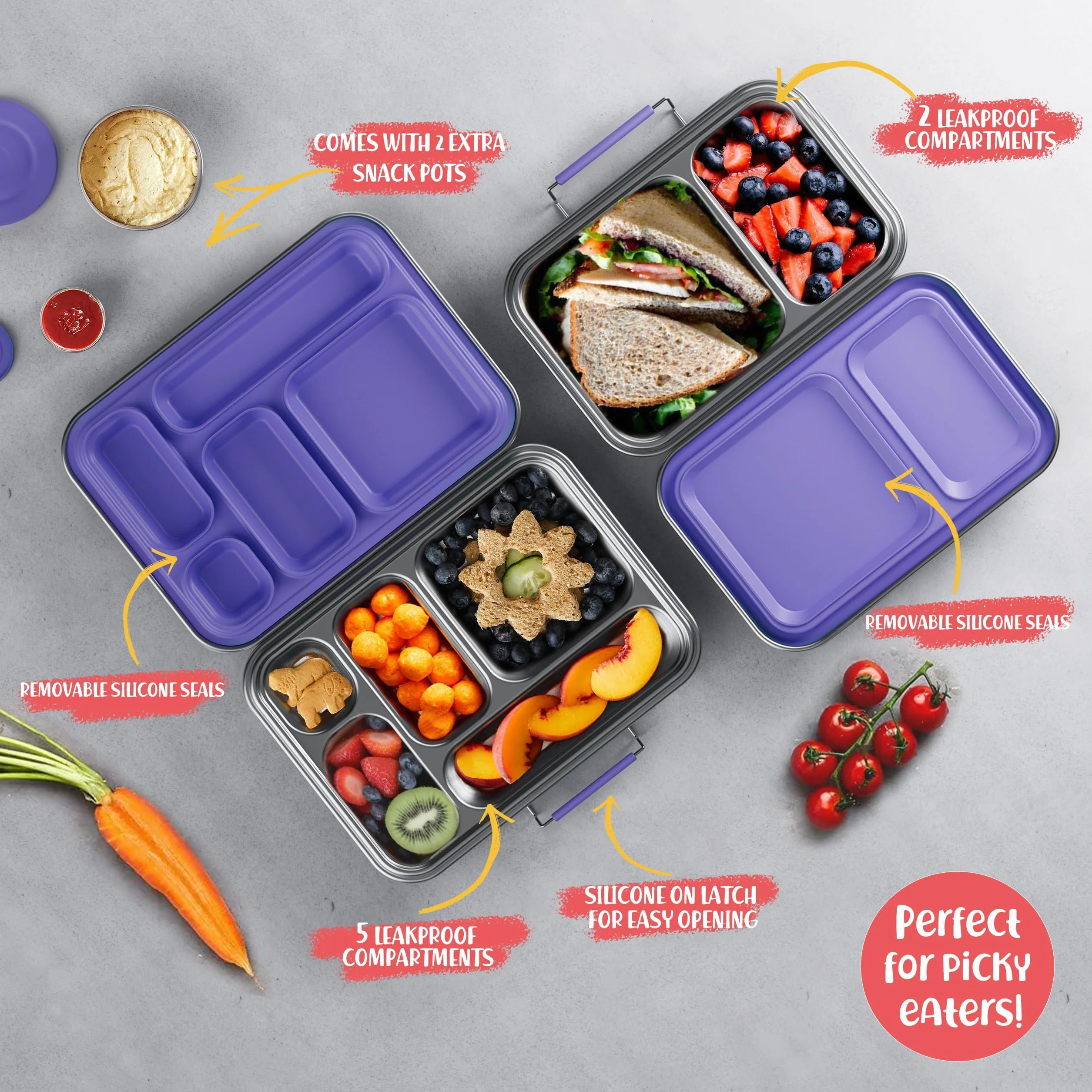 AOHEA Pudełko na lunch ze stali nierdzewnej dla dzieci, szczelne pudełko na lunch Bento, bez BPA, ze stali nierdzewnej 304, pudełko Bento z pojemnikami, do szkoły i biura, fioletowe