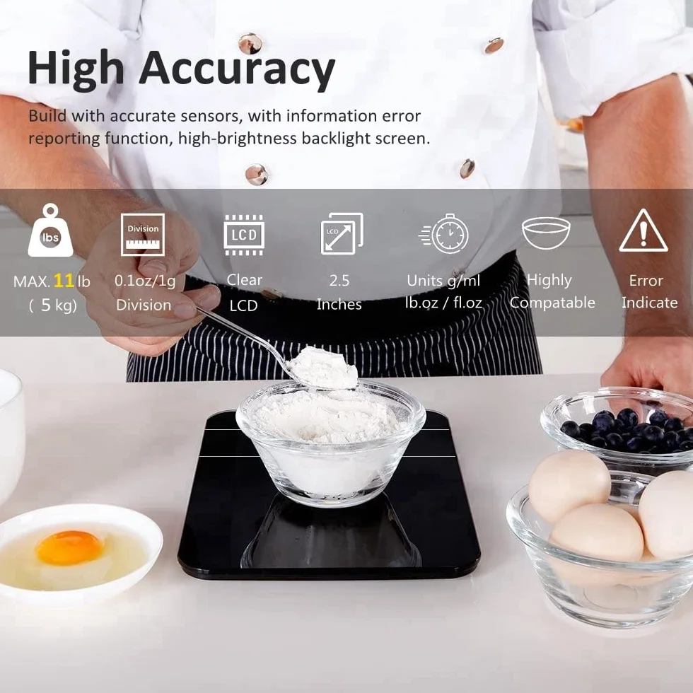 NUTRI FIT Cyfrowa waga kuchenna z możliwością ponownego ładowania, USB typu C, elektroniczna waga do żywności, szeroka platforma ważenia ze szkła hartowanego, podświetlany wyświetlacz LCD, 11 lb/5 kg