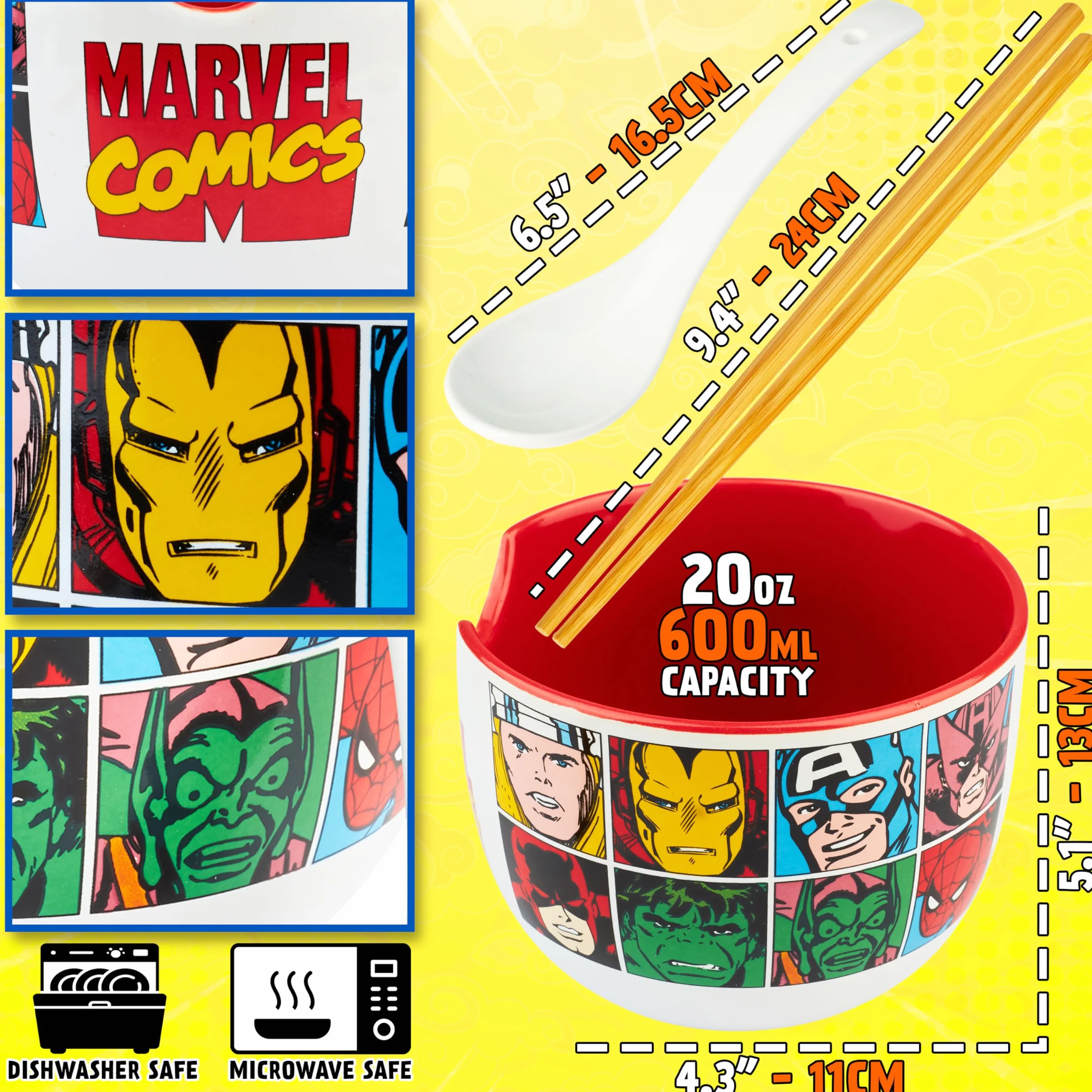 Get Trend Marvel Zestaw miseczek ramenowych 600 ml, japońska miska do makaronu z ceramiczną łyżką, bambusowe pałeczki, kompatybilna z mikrofalówką, prezent superbohatera