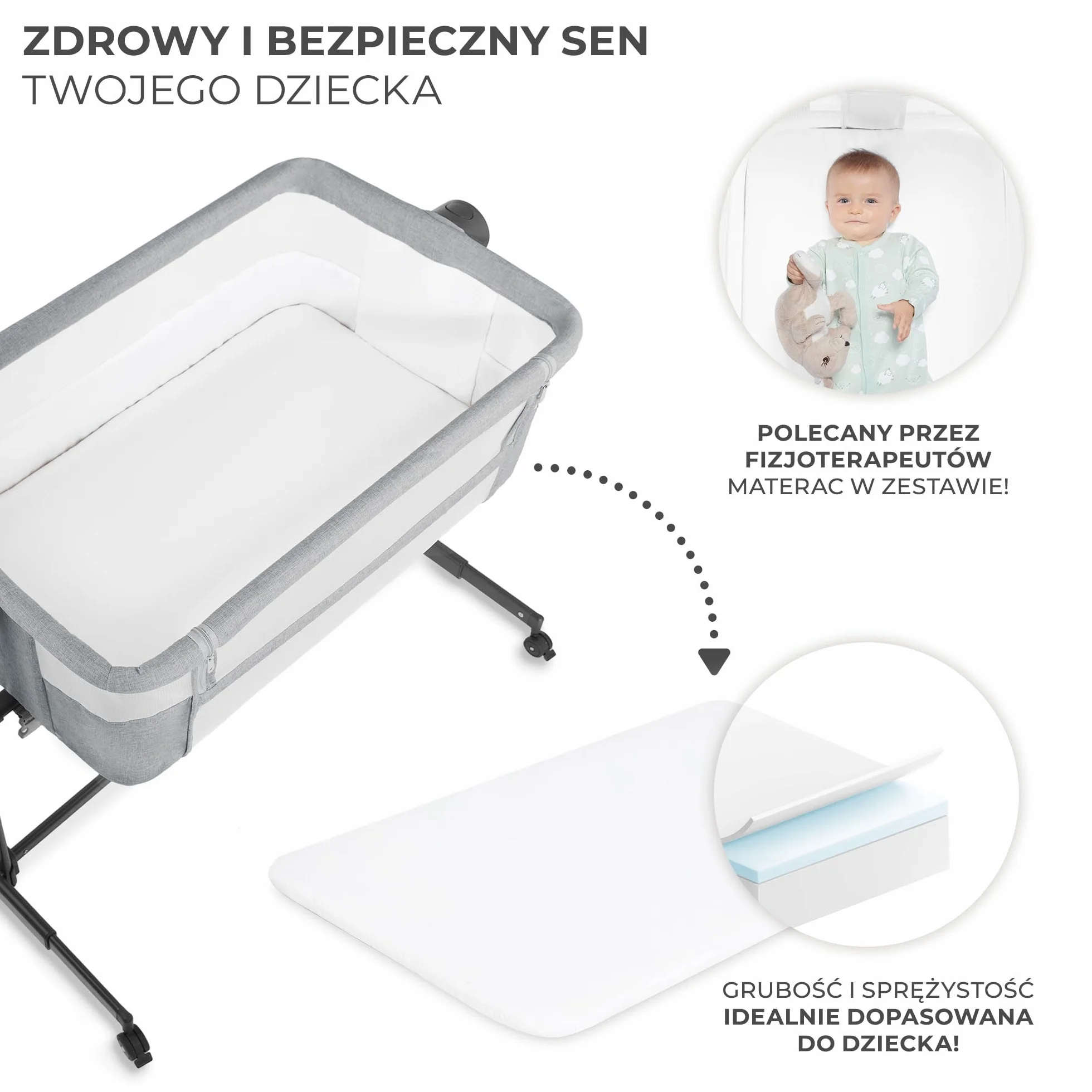 Kinderkraft NESTE UP2 Łóżeczko dostawne, Łóżko turystyczne dziecięce, Regulacja wysokości i kątu nachylenia, Materac i prześcieradło, Solidna konstrukcja, Opuszczana ściana boczna, do 9 kg, Szary