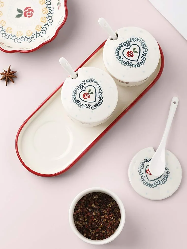 Ceramiczne doniczki na przyprawy, ceramiczne miski na cukrowe, pojemniki na przyprawy z pokrywkami, tace i łyżeczka ceramiczna do kuchni, kawiarni i domu, zestawy 3 szt