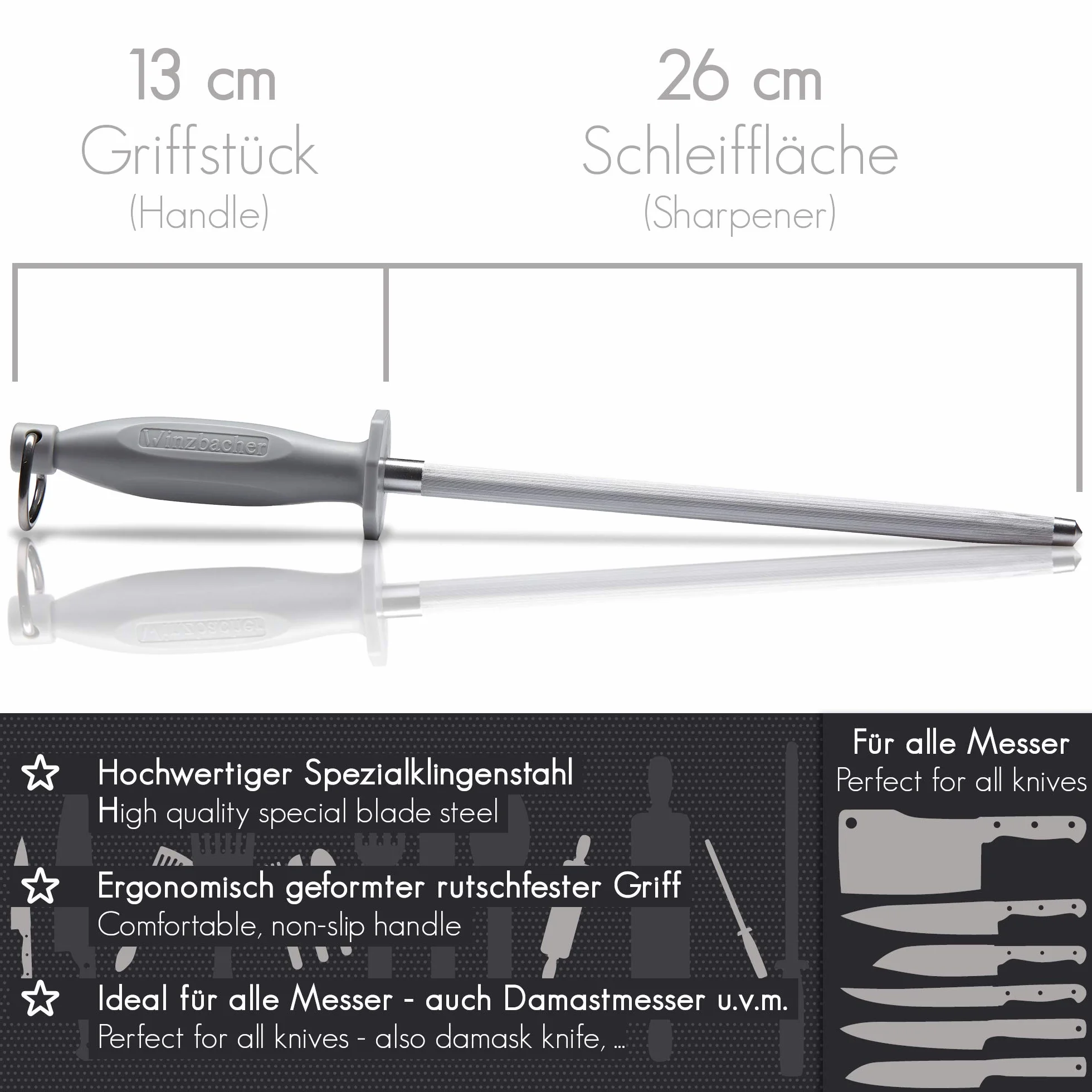 Winzbacher® Oryginalny stalowy nóż do ostrzenia – ze specjalnej hartowanej stali | ostrzałka do noży, ergonomiczny uchwyt Soft-Touch z ochroną palców (Battleship Grey)
