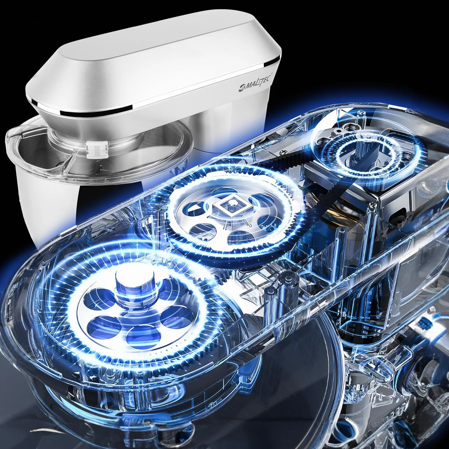 MalTec Planet robot kuchenny | MaltecChef 2200 W maszyna do ugniatania | mieszadło, hak do zagniatania, trzepaczka, ochrona przed pryskaniem | 6 prędkości i 4 funkcje | robot kuchenny SILVER 6 l