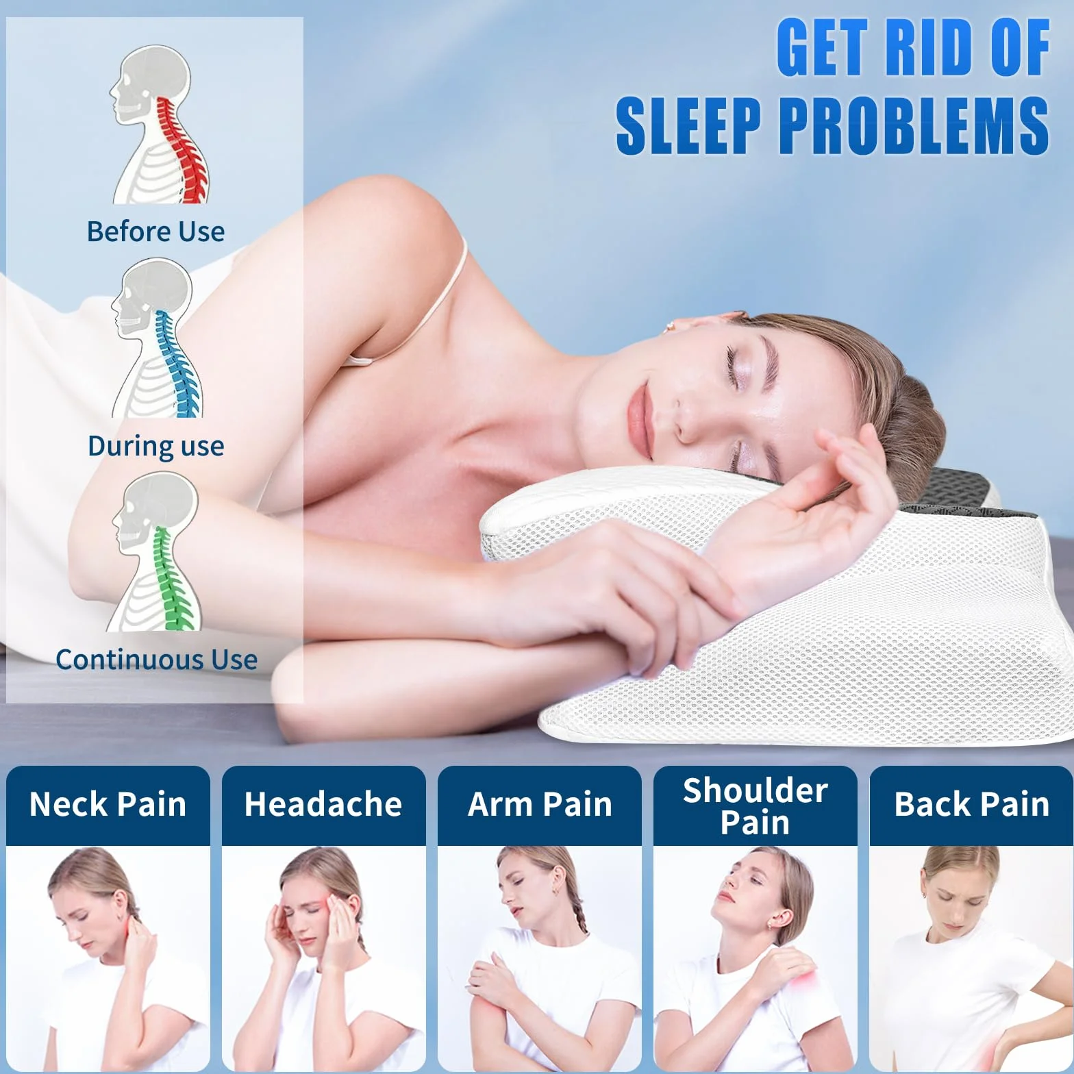 SAHEYER Poduszka ortopedyczna pod szyję, 2 w 1 Ergonomiczna poduszka pod kark, poduszka z pianki z pamięcią kształtu, dla osób śpiących na plecach, na boku i na brzuchu, Szary, 60x35,5x13/11cm