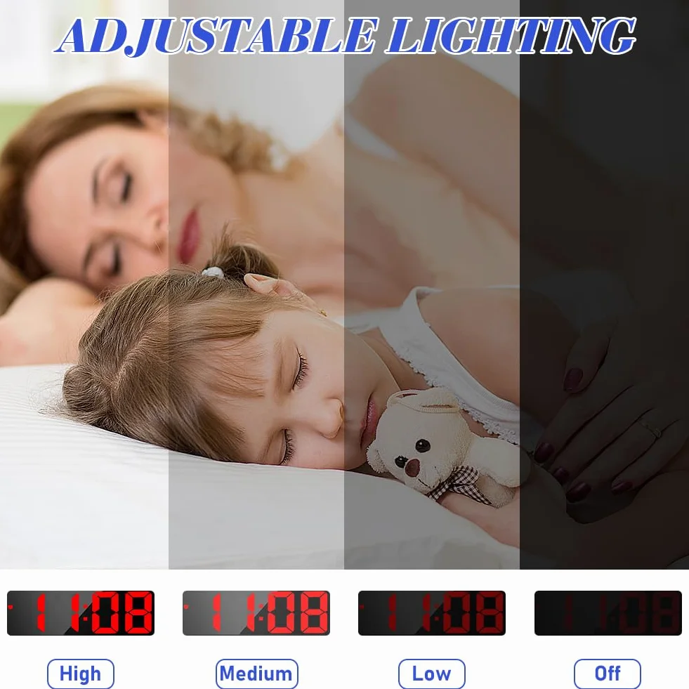 Flintronic Cyfrowy budzik, zegar LED z dużym wyświetlaczem, budzik nocny, zegar zasilany baterią, budziki z drzemką, temperatura, data, jasność regulowana dla domu, biura