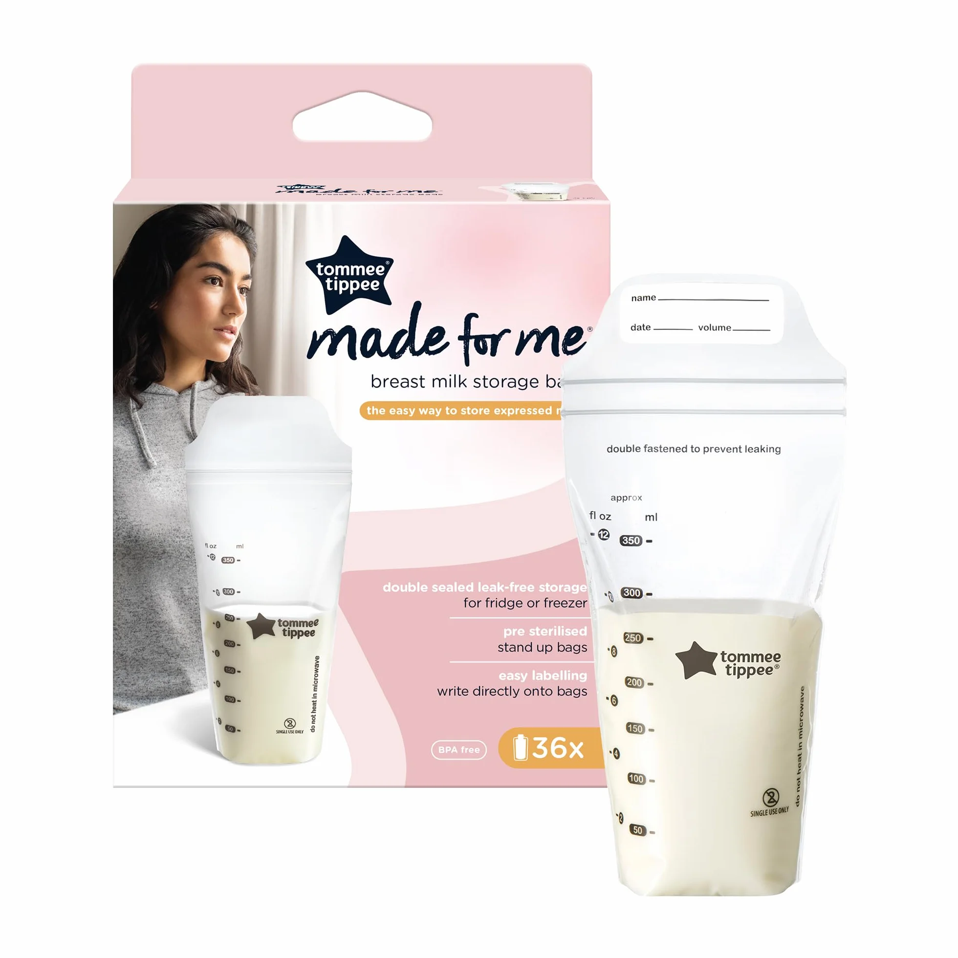 Tommee Tippee Closer to Nature Breast Milk Storage Bags, Pre-Sterilised Stand-Up Pouches, Secure Double Seal, Single Use, 350ml Capacity, Pack of 36