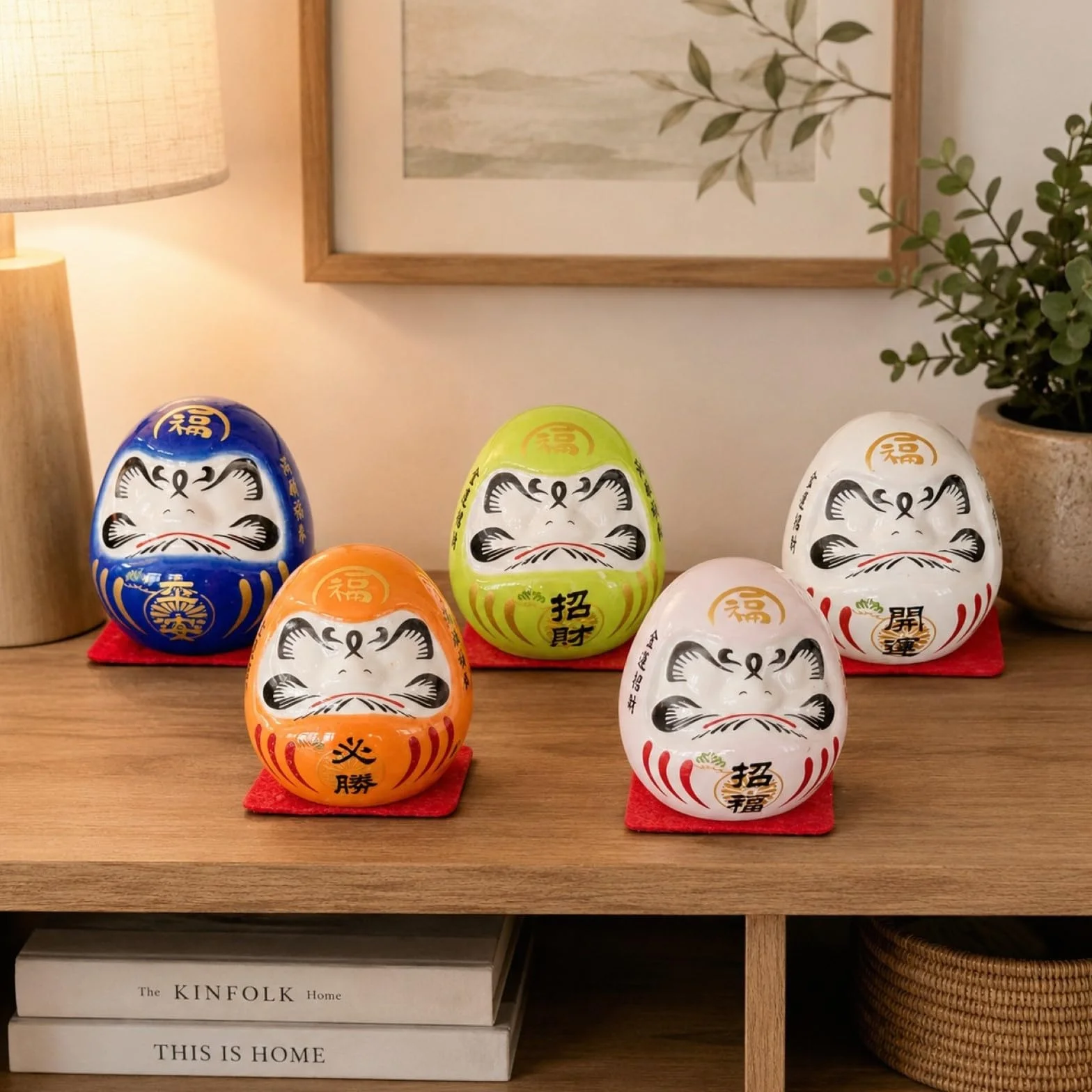 LOGOFUN 5 szt. mała figurka Daruma japońska lalka Daruma zestaw ceramiczna statuetka szczęścia Daruma do wnętrz domu samochodu dekoracja biurka - bez oczu 4,5 cm