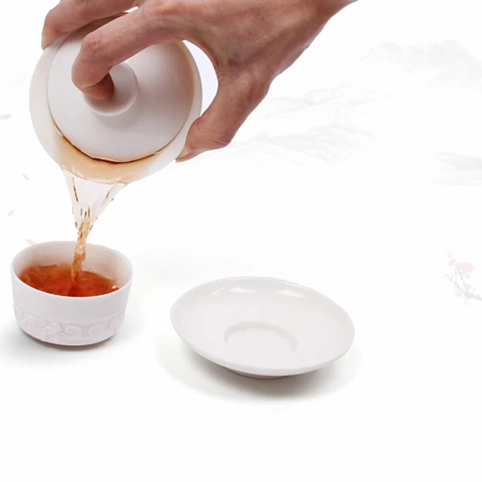 Ceramiczny zestaw Gaiwan, GAI Wan filiżanka do herbaty z pokrywką do tradycyjnej chińskiej ceremonii parzenia herbaty Gongfu luźna herbata oolong/puerh G-W-1 (biała ceramika)
