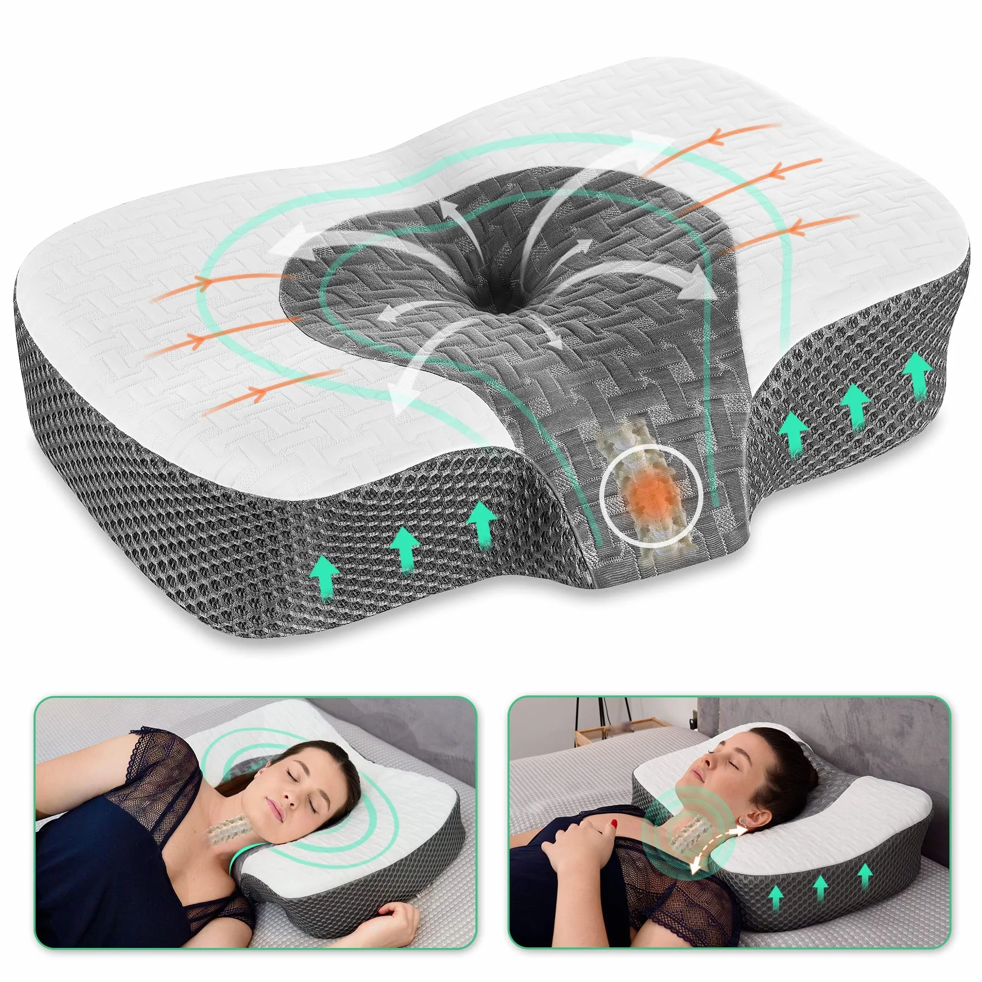 Elviros Poduszka pod szyję szyjną z bocznym spaniem z pianki memory, konturowe poduszki ortopedyczne, regulowana ergonomiczna poduszka do łóżka, niebieska, 60 x 38.6 x 9.9/13.5 cm