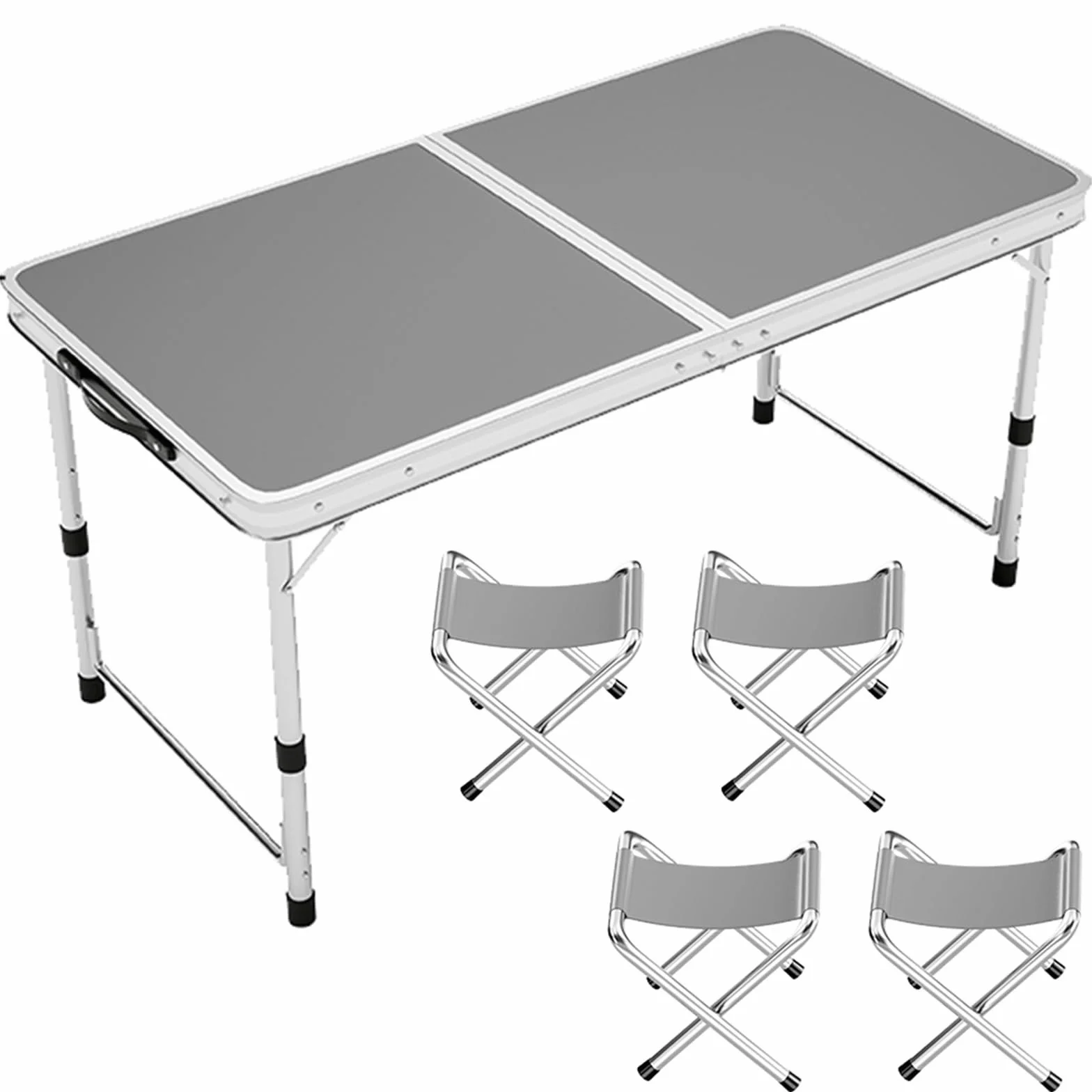 Aluminiowy składany stół o regulowanej wysokości, przenośny stół kempingowy z uchwytem na imprezę biurową, piknik, ślub, szary, 120 x 60 cm + 4 stołki