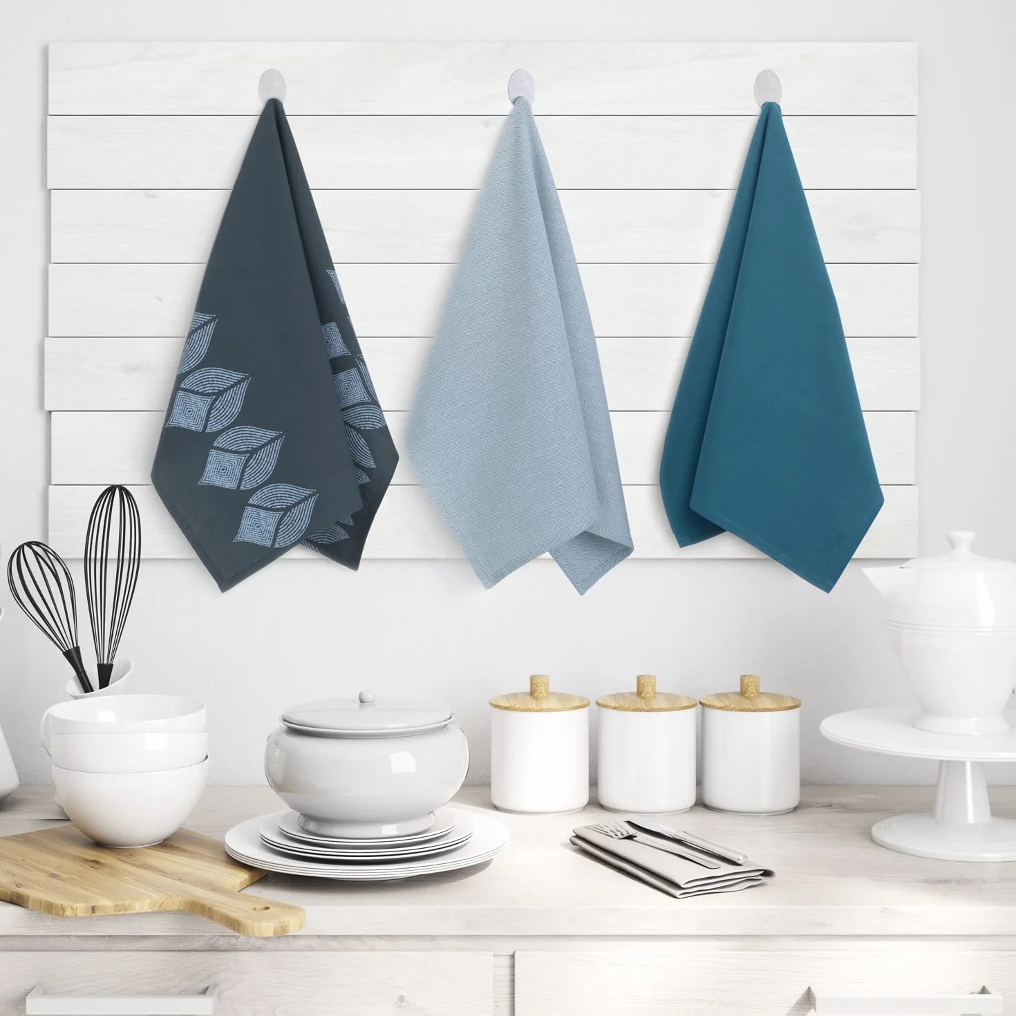 AmeliaHome Zestaw Ręczników Kuchennych 3 Sztuki Bawełniane Ścierki Do Naczyń Ściereczki 50x70 cm Wzór Geometryczny Letty Błękitny Granatowy Niebieski