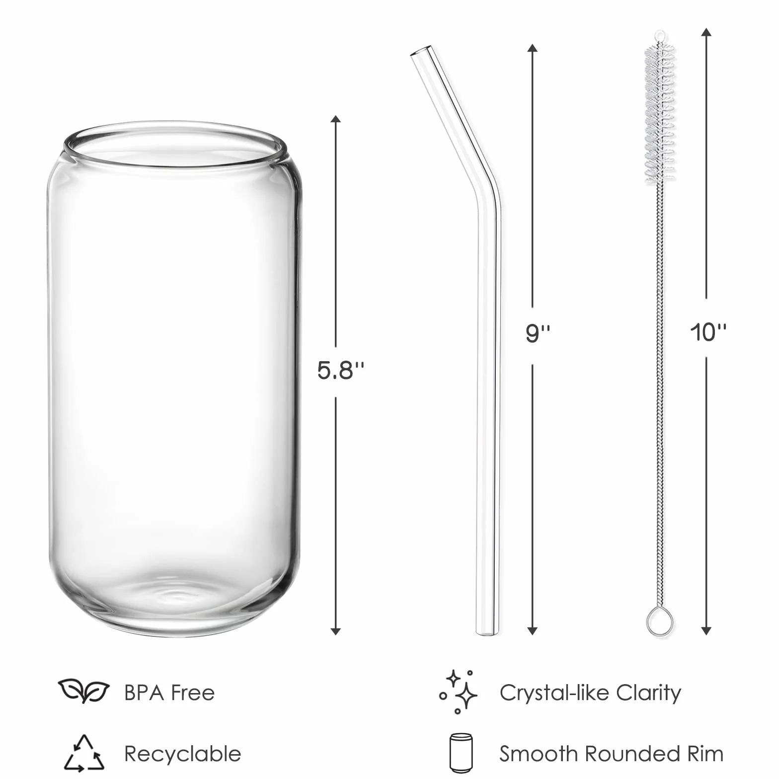 NETANY Szklanki do picia ze szklaną słomką, zestaw 4 szt., 470 ml, szklane kubki do piwa, mrożonej kawy, szklanki do whisky, napojów gazowanych, herbaty, wody, prezent, 2 szczotki do czyszczenia