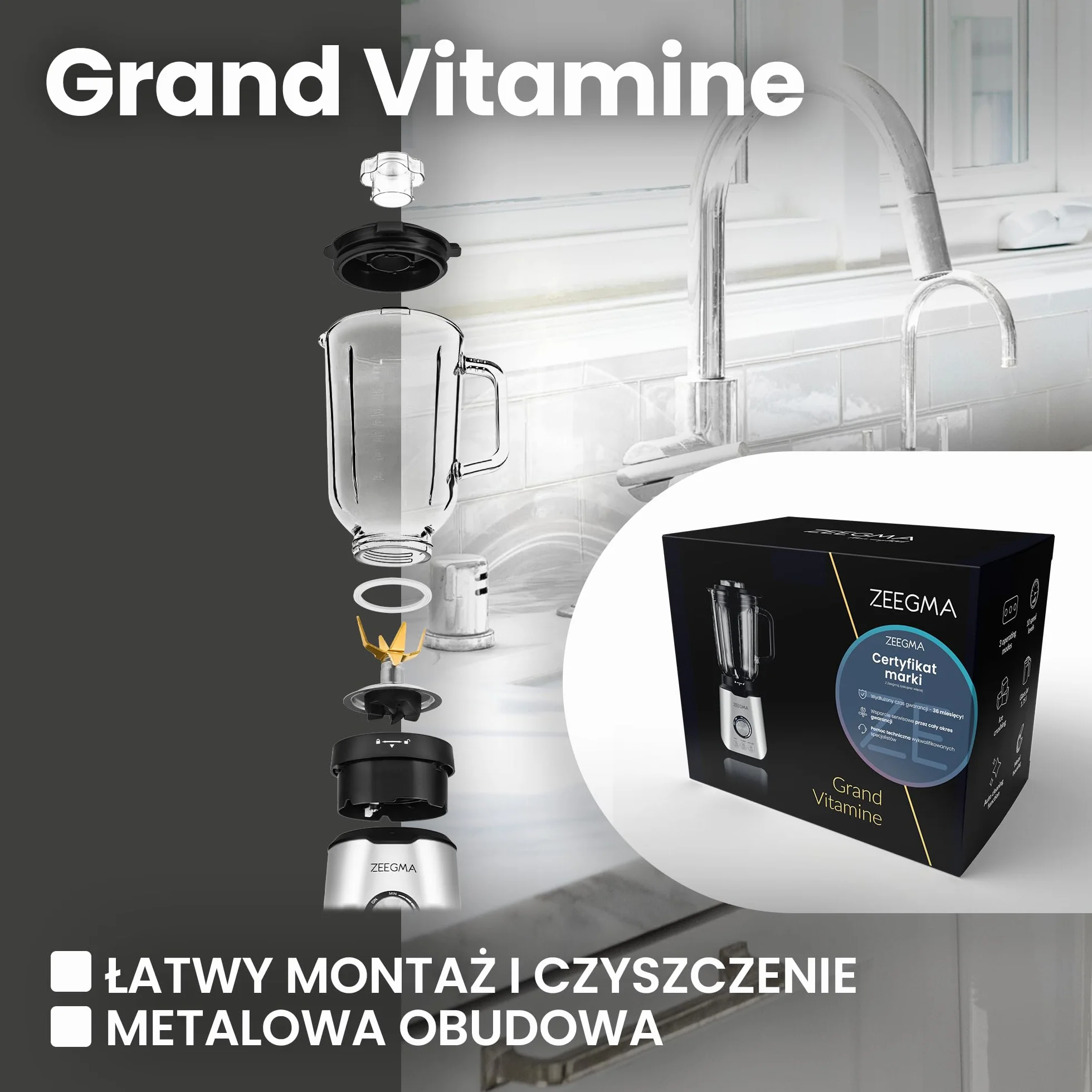 Zeegma Grand Vitamine Blender Kielichowy, Silnik 1600W, 3 Automatyczne Tryby Pracy, Duży Kielich 1,75L, 6 Noży, Regulacja Prędkości, Funkcja Thermofuse, Metalowa Obudowa, Podświetlenie Led