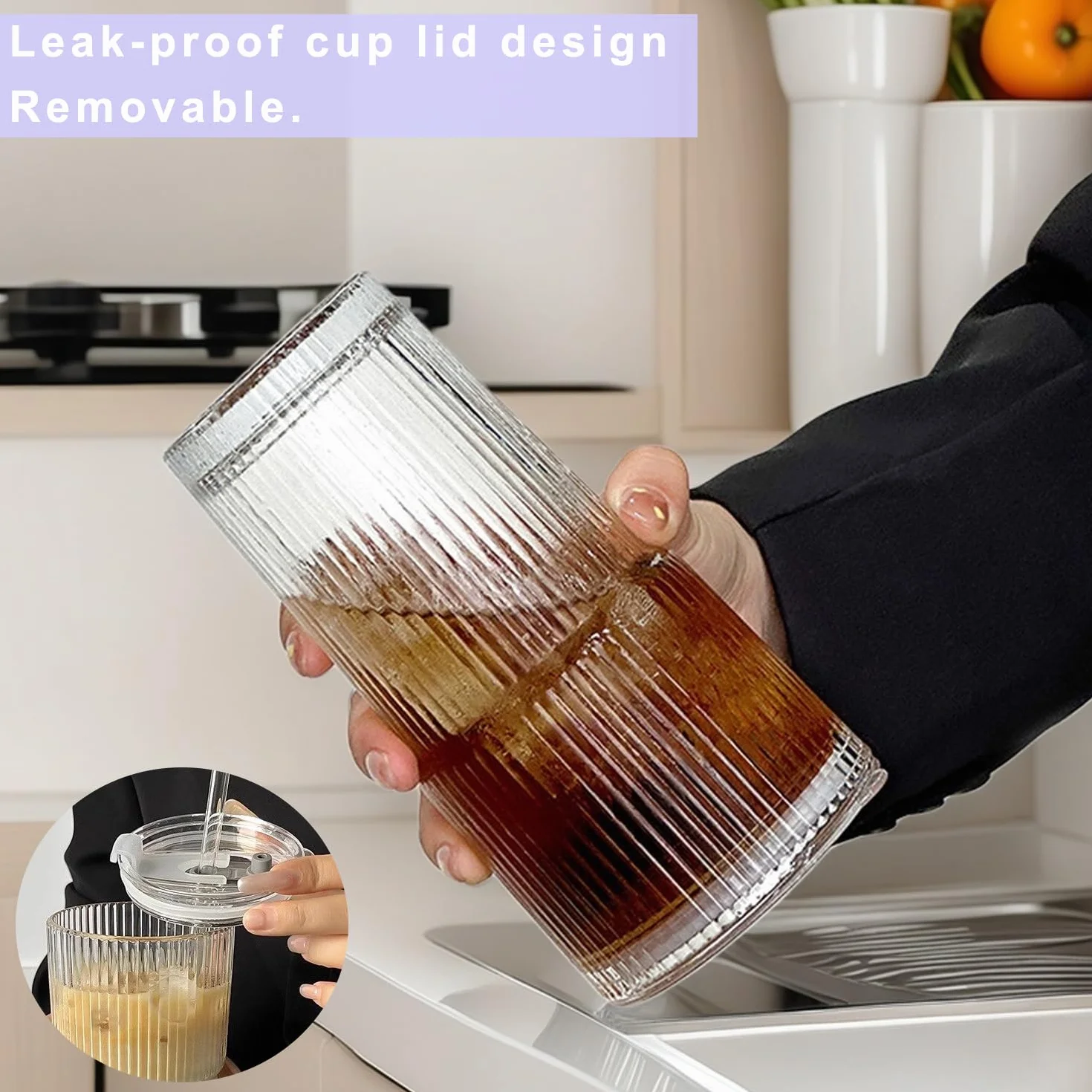 Szklany kubek z pokrywką i słomką, 600 ml, szklanki do kawy, szklanki do piwa, kubek podróżny, kubek do smoothie, szczelny, do kawy, koktajli, herbaty, 1 sztuka