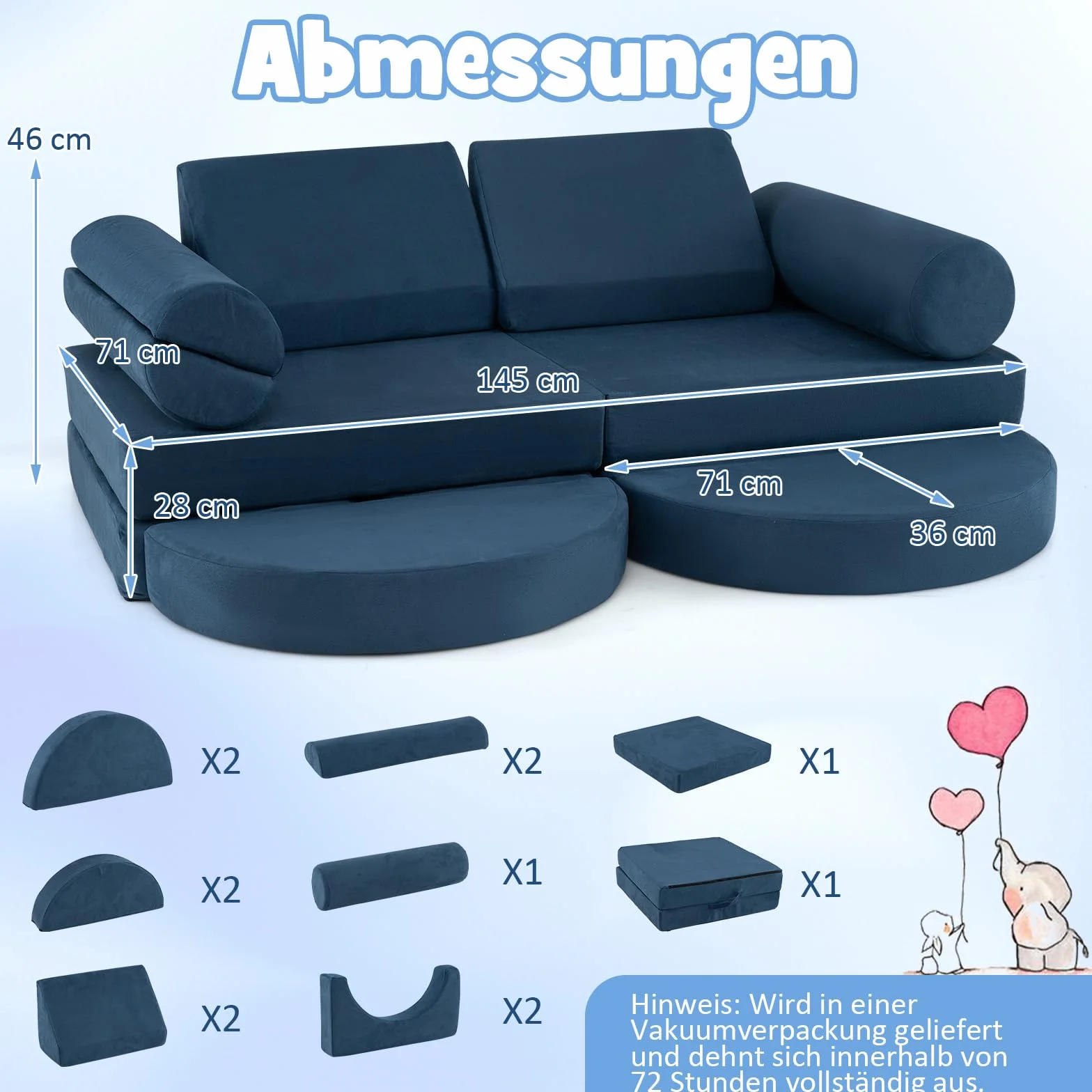 COSTWAY 14-częściowa modułowa sofa dziecięca, do zabawy z pianki, klocków, wspinaczki i raczkowania, rozkładana, do pokoju dziecięcego, pokoju zabaw (granatowa)