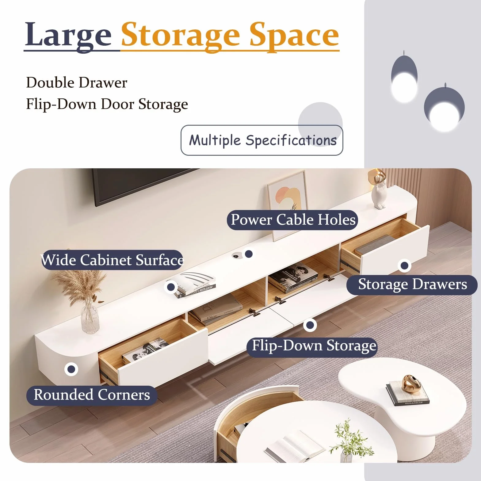 Floating TV Unit Wall Mounted TV Cabinet with 4 Cabinets Wooden Entertainment Media Console Center Large Storage TV Bench White 200cm
