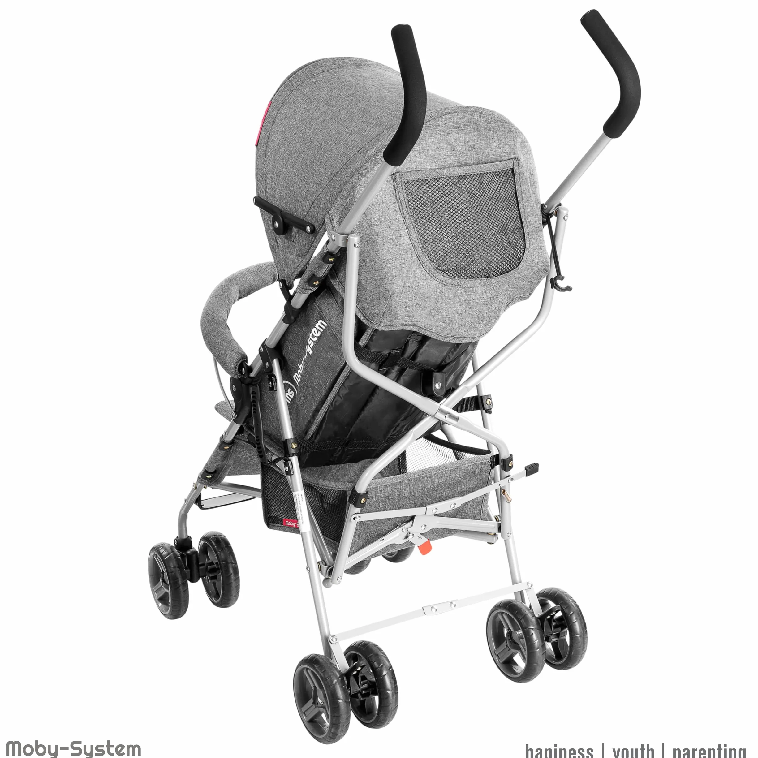 Moby-System Wózek Dziecięcy, Spacerówka, Lekki Wózek dla Dziecka, dla Dzieci do 14 kg, Regulowane Oparcie, Podwójne, Obrotowe Koła z Pianki, Składany, z Daszkiem i Pokrowcem Przeciwdeszczowym, Szary