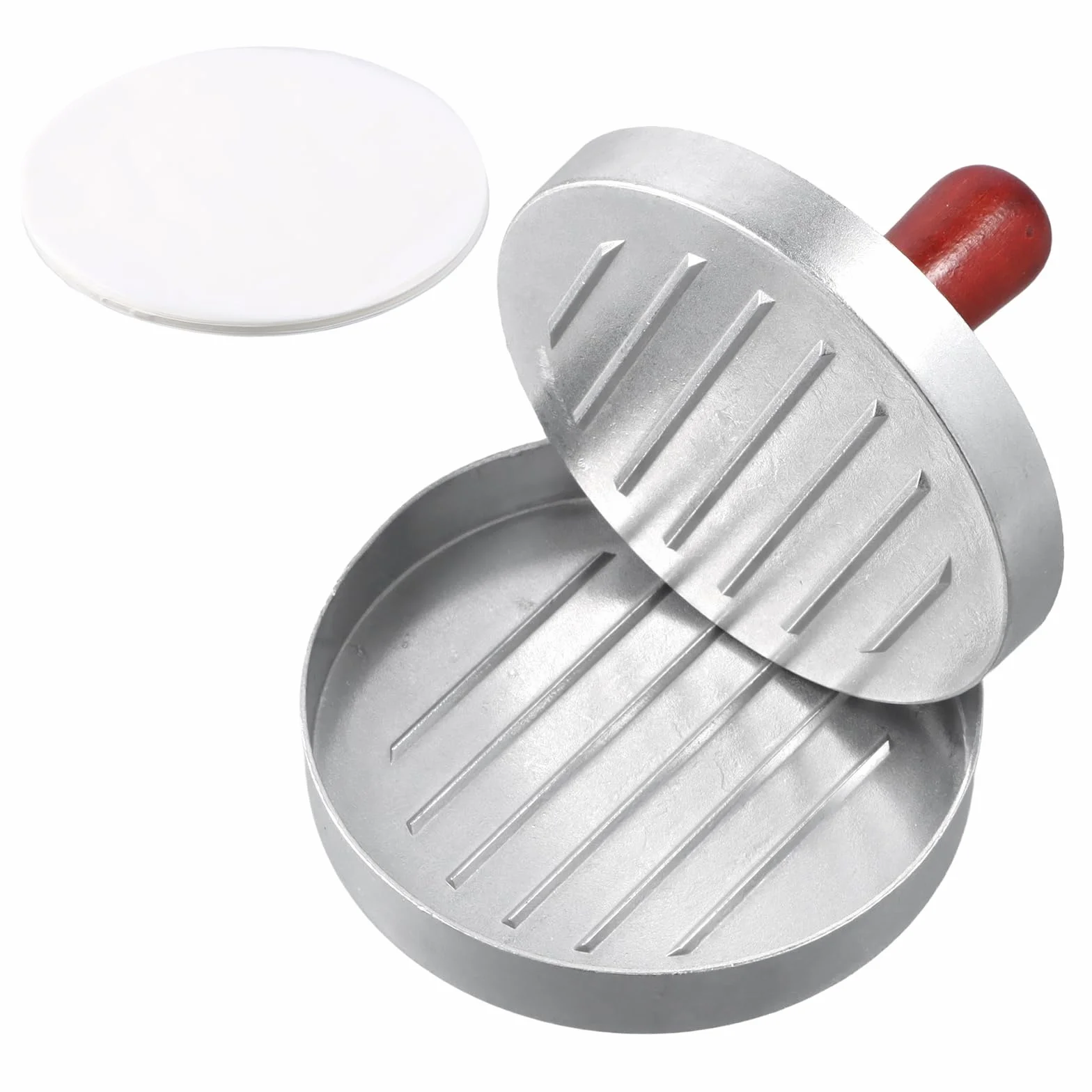 Okrągła aluminiowa prasa do hamburgerów z drewnianym uchwytem, nieprzywierająca forma do hamburgerów, idealna do wyciskania ciastek i użytkowania BBQ, w tym 50 arkuszy papieru