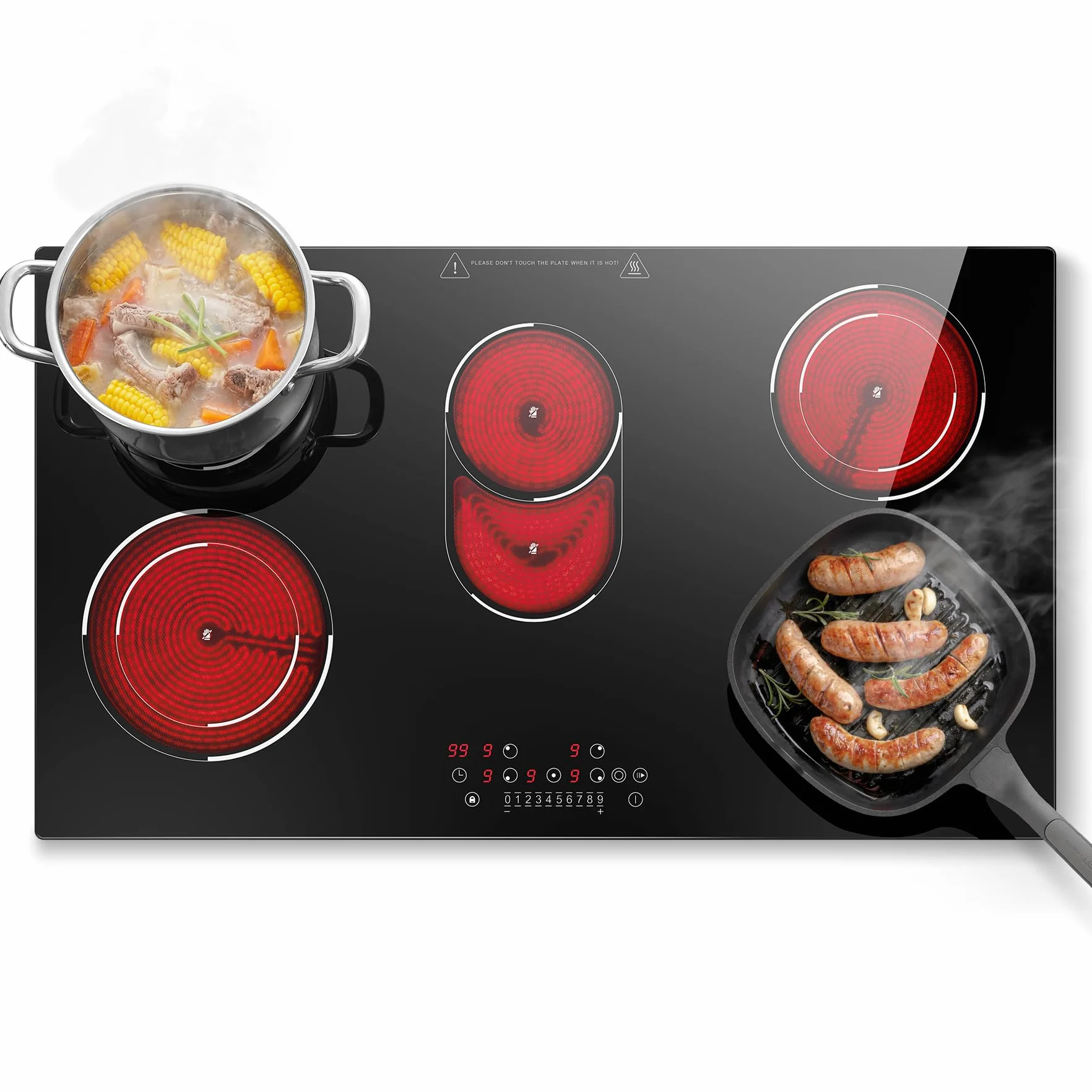 SNDOAS Płyta grzewcza ze szkła ceramicznego, 5 płyt, 90 cm, płyta kuchenna do zabudowy z wtyczką, 8400 W, 9 stopni ogrzewania, timer 1-99 minut, automatyczne wyłączanie, zabezpieczenie przed dziećmi
