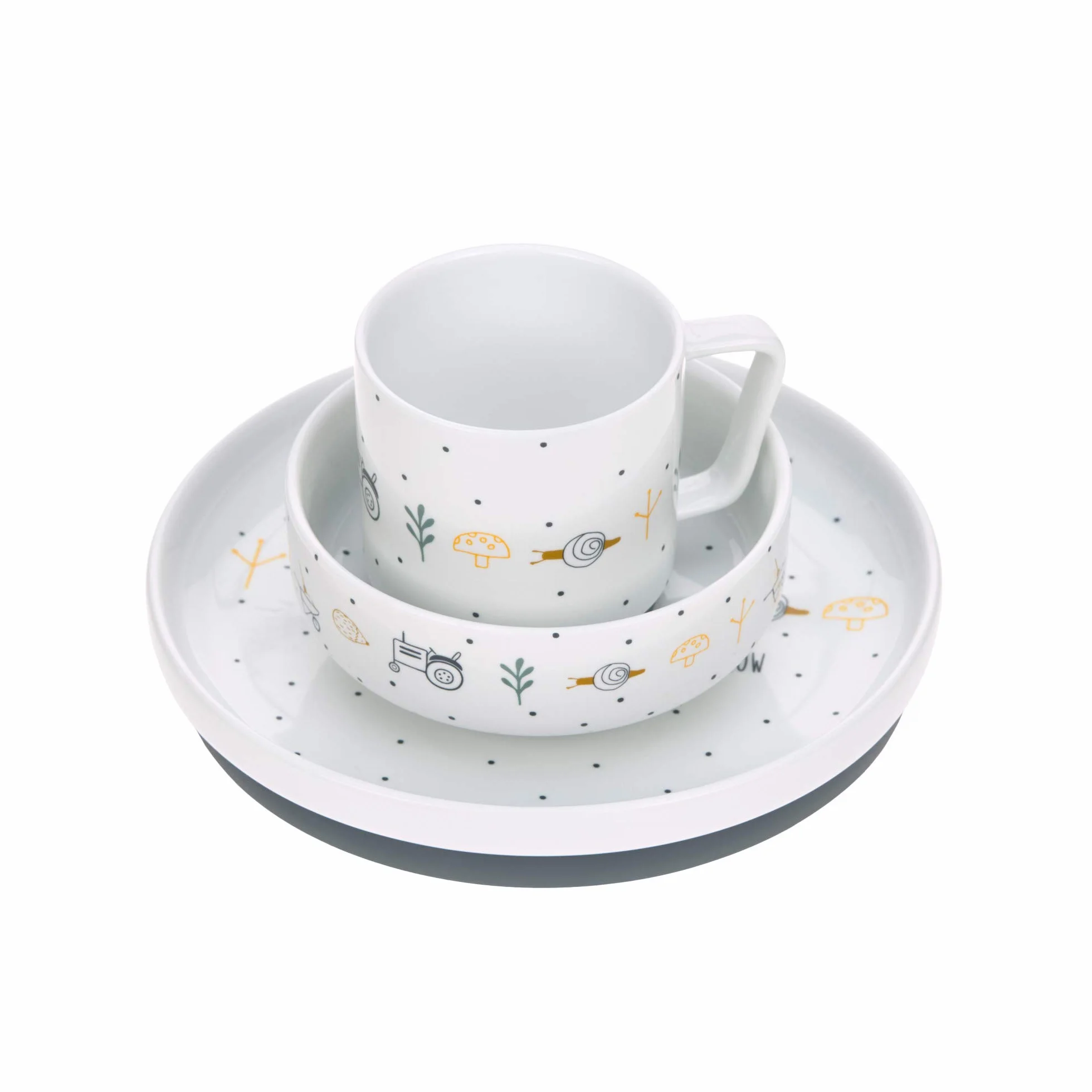 LÄSSIG Zestaw naczyń porcelanowych zestaw naczyń dla dzieci talerz miska kubek z pierścieniem silikonowym antypoślizgowe naczynia dla dzieci/Garden Explorer Boys