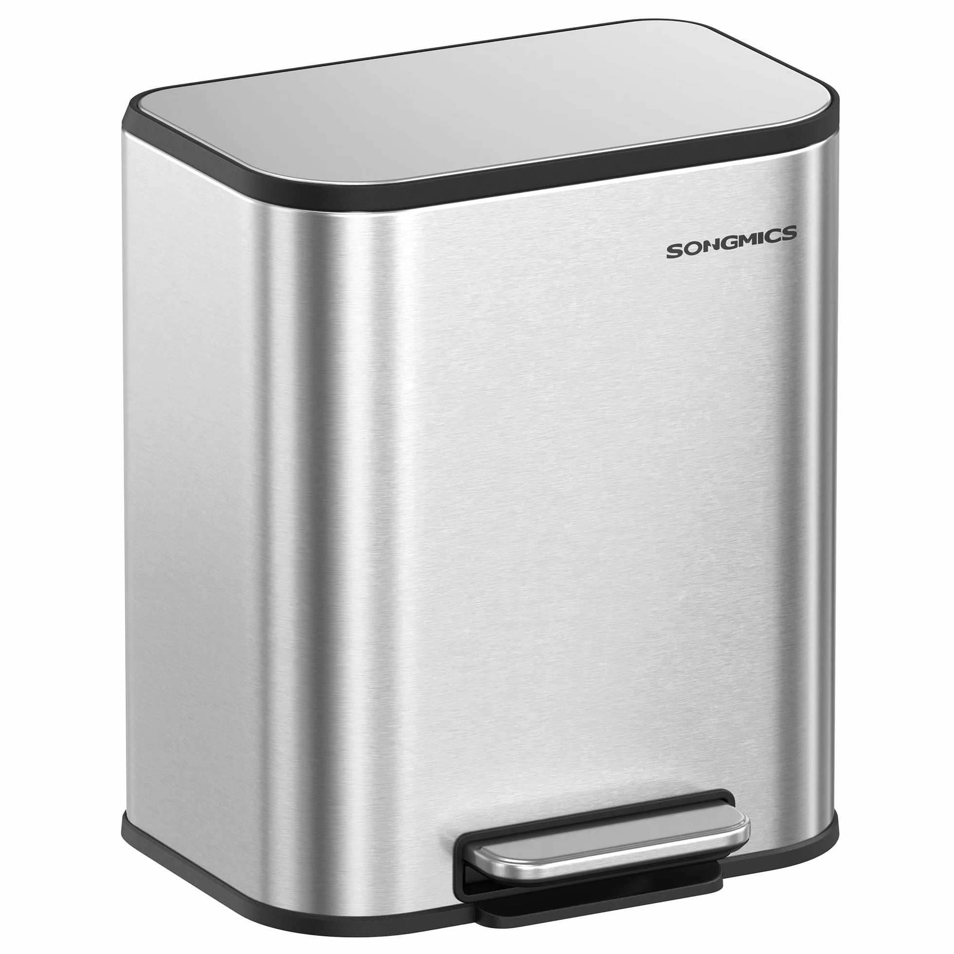 SONGMICS Kosz na śmieci do kuchni, 20 l, kosz na śmieci z pokrywką, stalowy kosz na śmieci z pedałem, funkcja cichego domykania, z pojemnikiem wewnętrznym, szeroki, antypoślizgowy, metaliczny