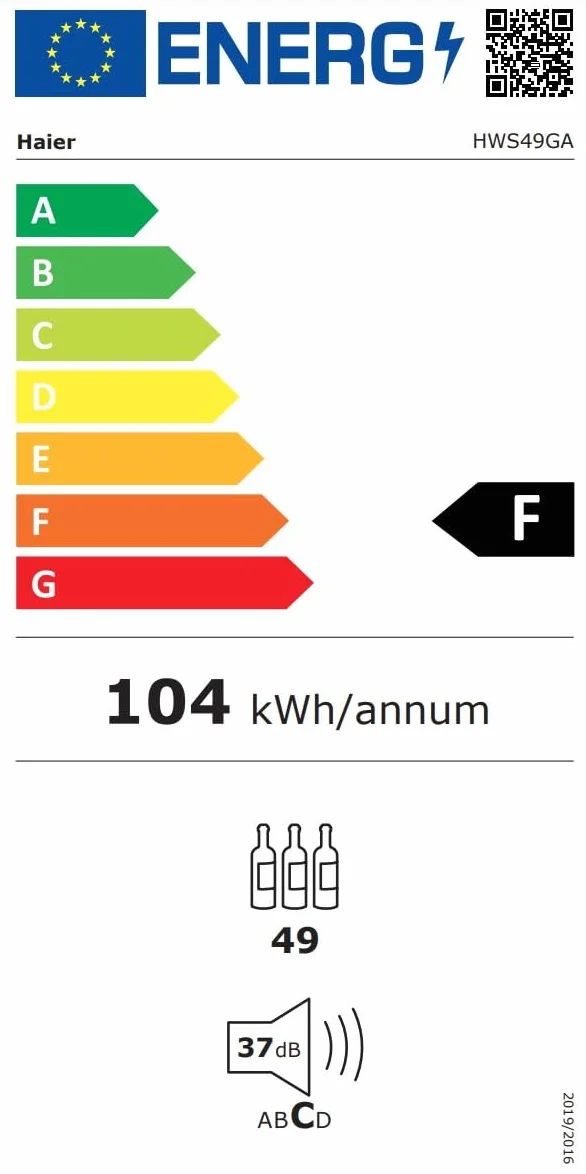 Haier HWS49GA Stojak na wino 49 butelek App hOn szkło anty-UV drewniane półki LED klasa F 49,7x58,5x82 cm czarny