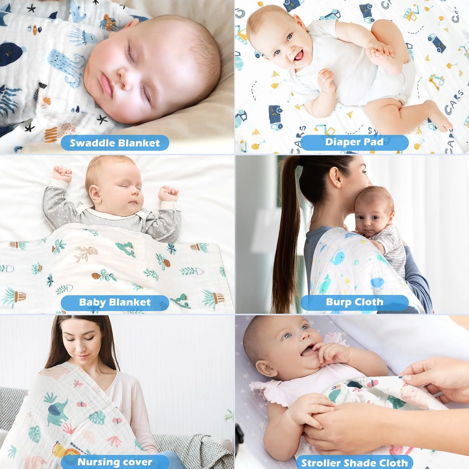 Maliton Baby Muslins Cotton, 6 Sztuk 70 * 70 cm Pieluchy Muslinowe, 6 Warstw Absorpcji Wody i Miękkości Szyfonu dla Niemowląt, Pieluszki Burp Wrażliwej Skóry Noworodków