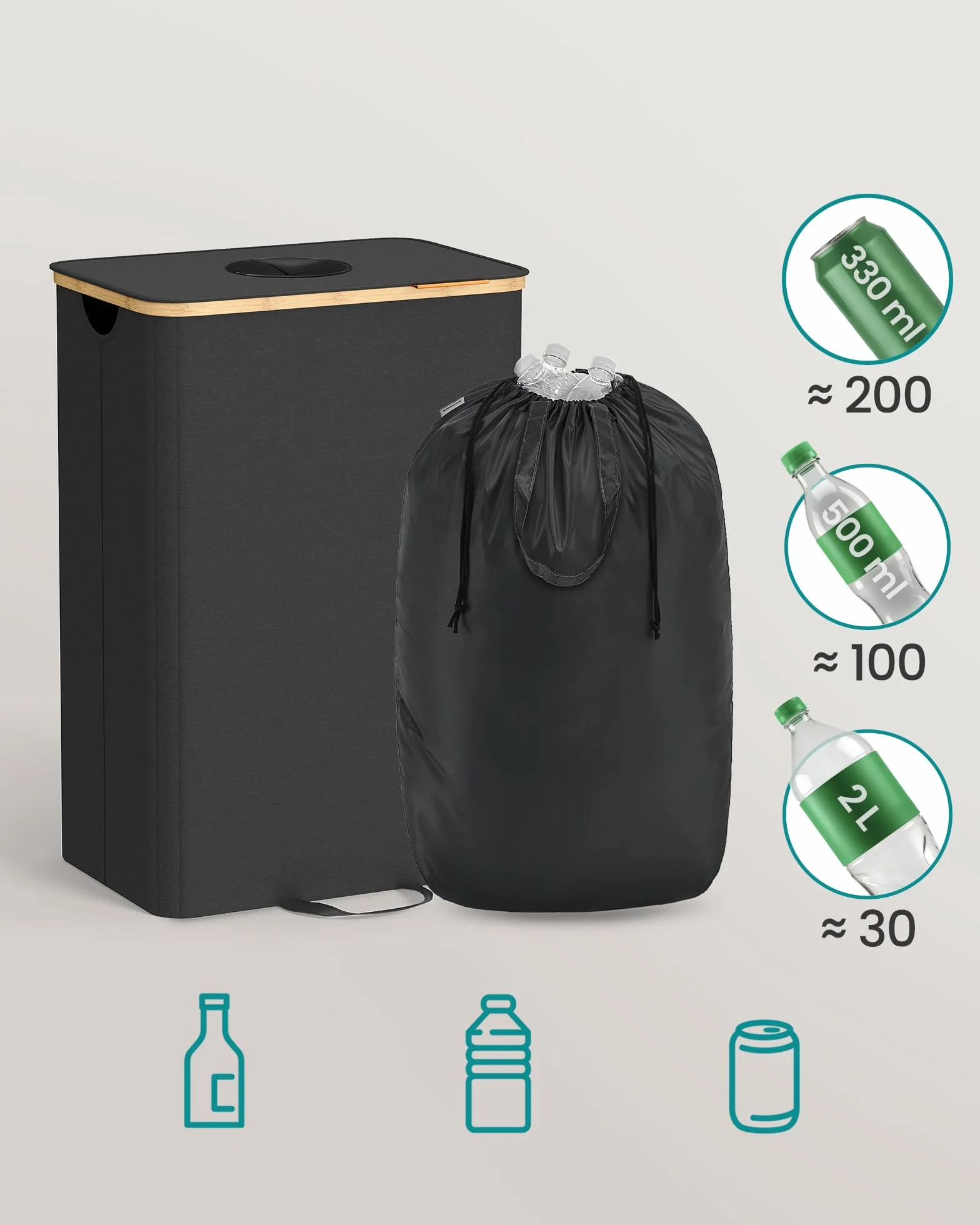SONGMICS Pojemnik na butelki kaucyjne 95 l czarny naturalny beż RRB509B01