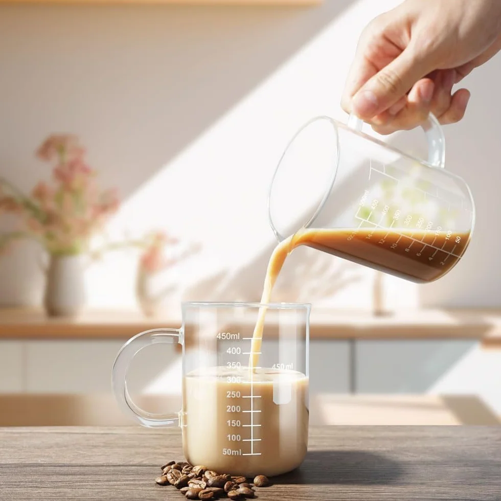 Kubek z kofeiną, kubek z kofeiną, naukowy kubek chemiczny ze szkła borokrzemianowego z uchwytem z podziałką i wylewką do soku z mleka Mocha Latte Cappuccino