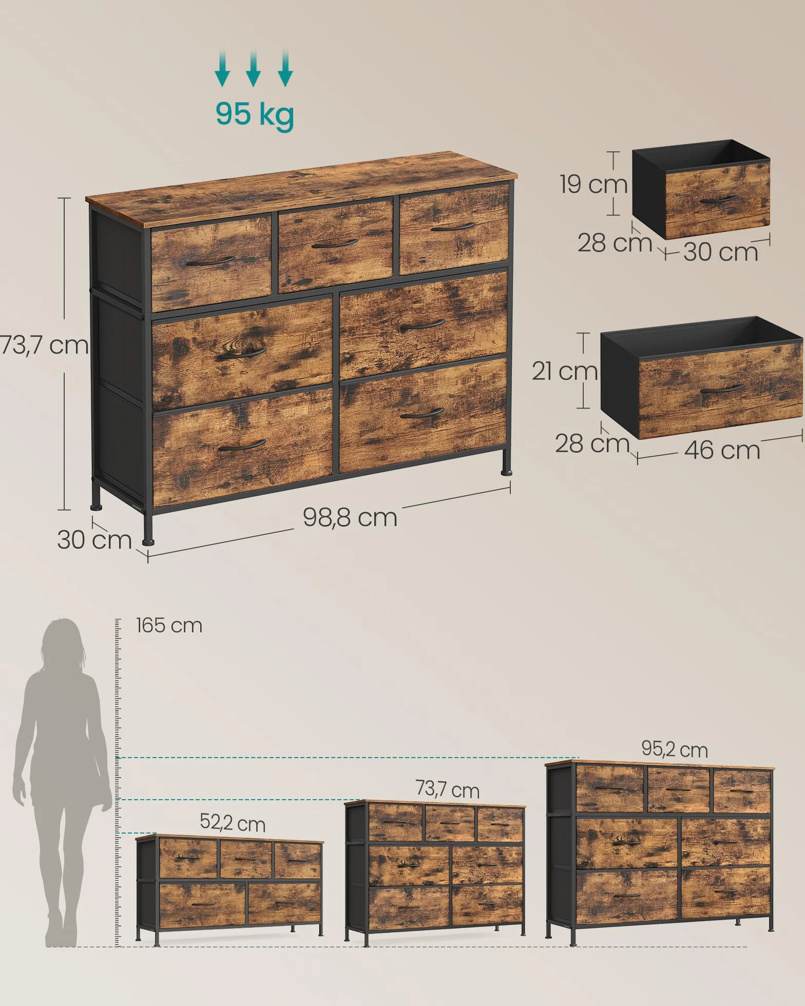 SONGMICS Komoda, 7 szuflad do przechowywania, sypialnia, szafka do przechowywania, stal, płyta MDF, włóknina, do sypialni, szafy, przedpokoju, salonu, rustykalny brąz i czarny atrament LGS323BH04