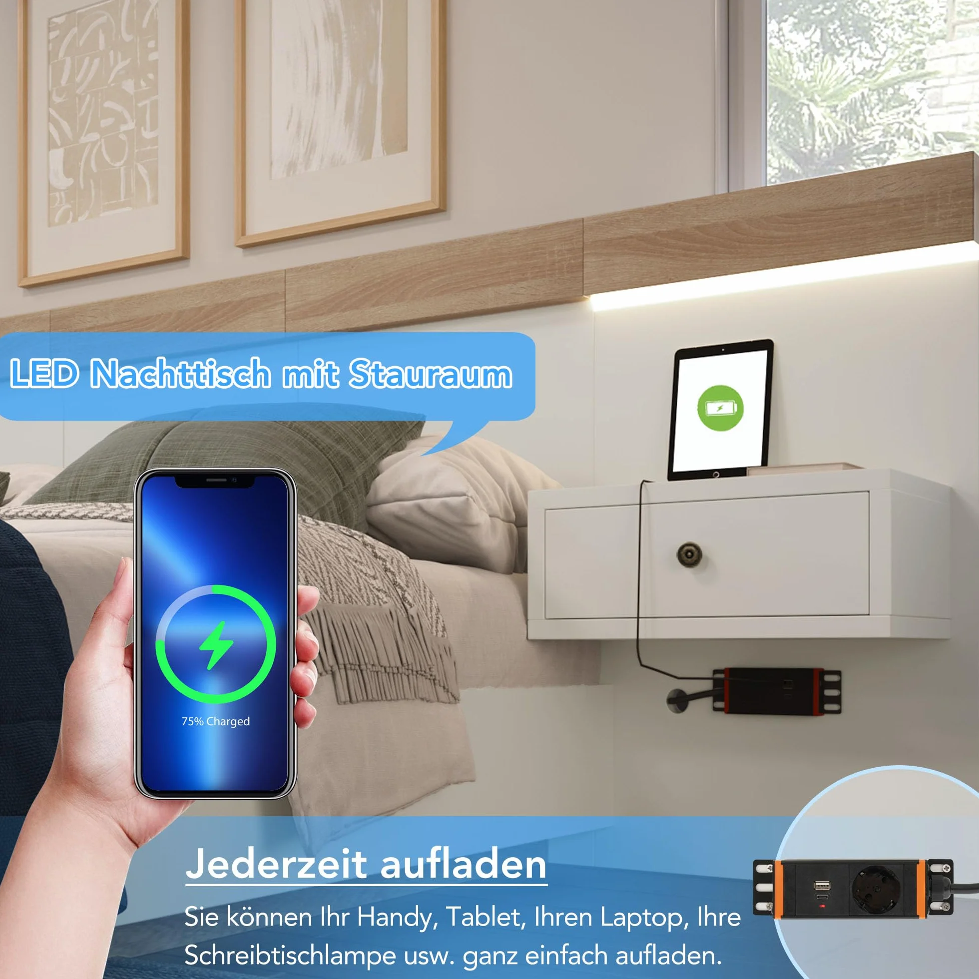 Sapgaks Łóżko 160 x 200 z listwami i głową, łóżko do bagażnika z 2 stolikami nocnymi LED i gniazdem USB, łóżko dla 2 osób z miejscem do przechowywania, podwójna rama, zestaw z białego dębu (bez