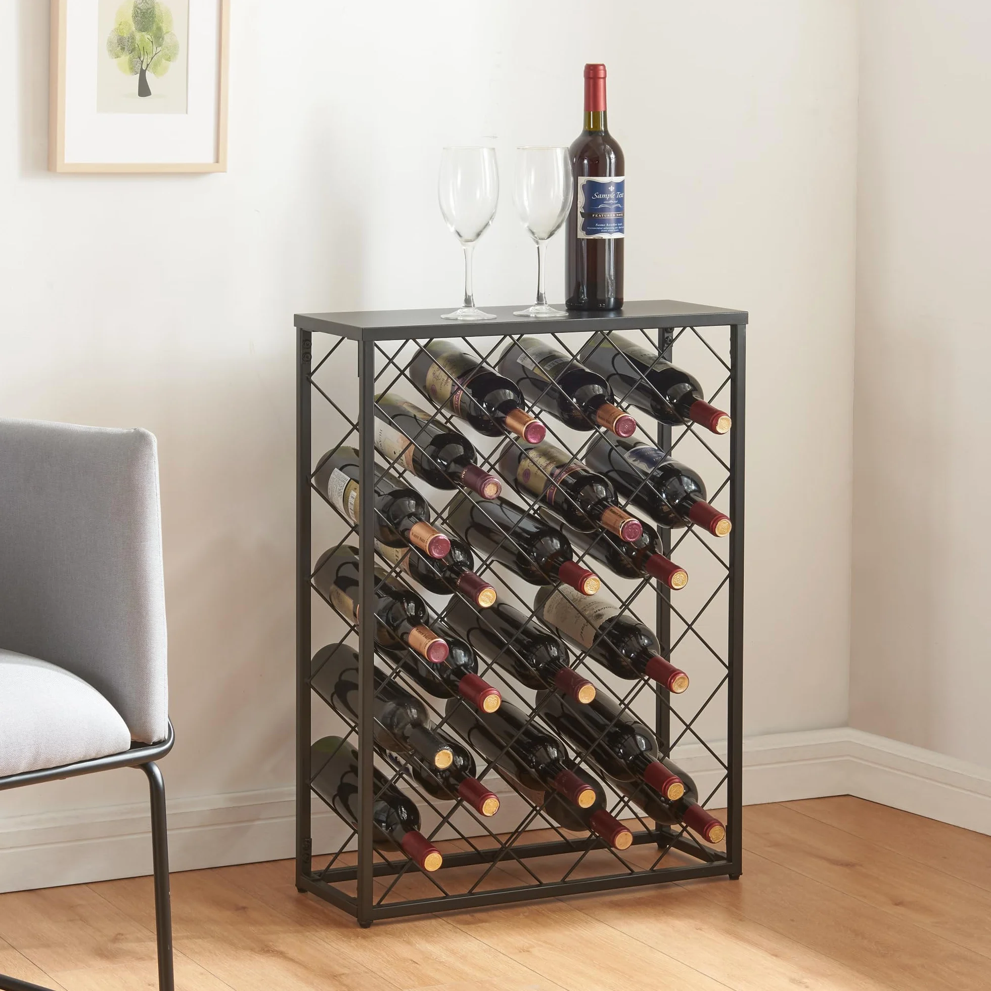 [en.casa] Taivassalo stojak na wino stojak na butelki metalowy uchwyt na wino na 25 butelek czarny stojak na butelki do przechowywania butelek wina 71,5 x 53 x 20 cm