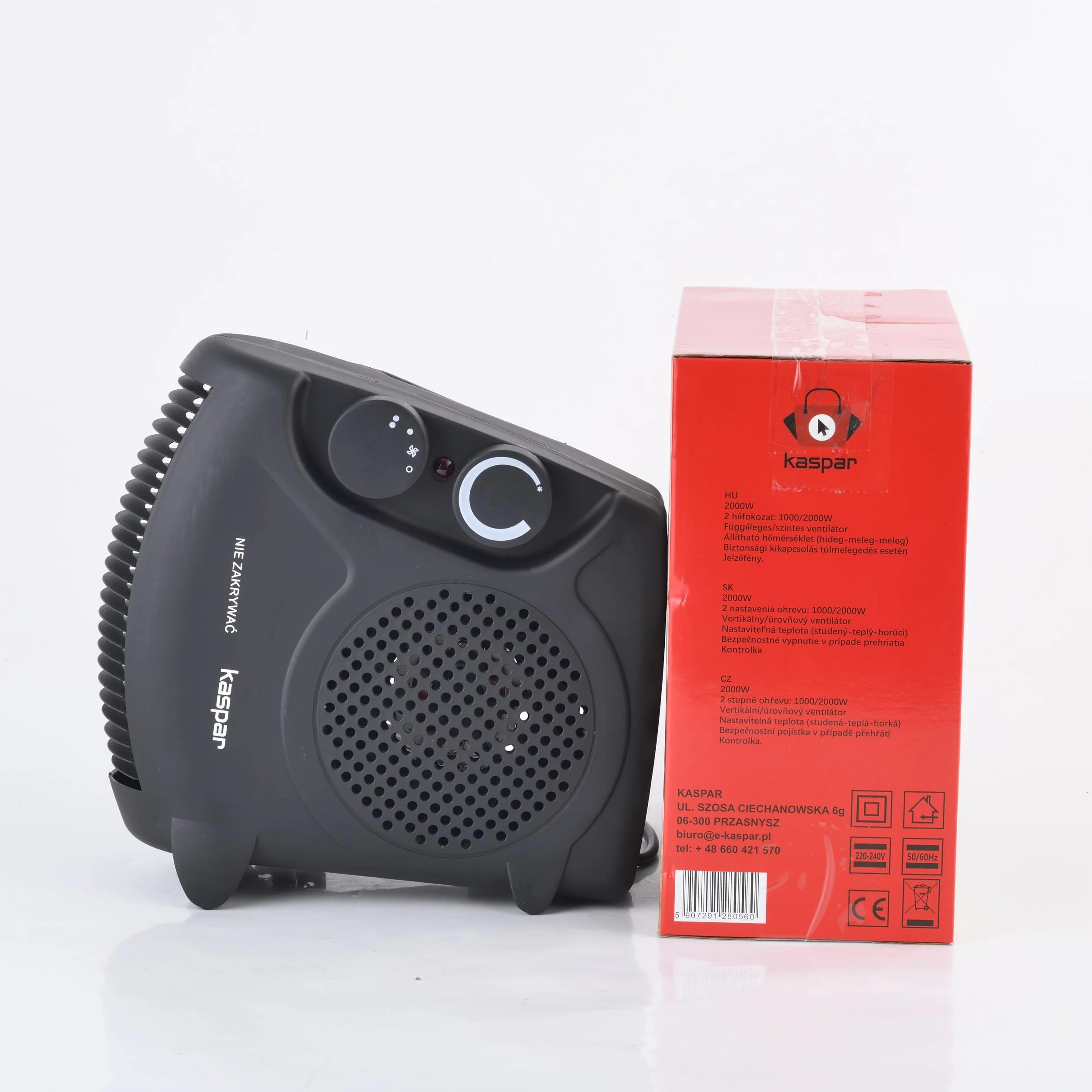KASPAR Termowentylator, mały, kompaktowy wentylator termiczny, grzejnik elektryczny, 1000 W, 2000 W, z funkcją wentylatora, termostat, zabezpieczenie przed przegrzaniem, ogrzewanie elektryczne, 3