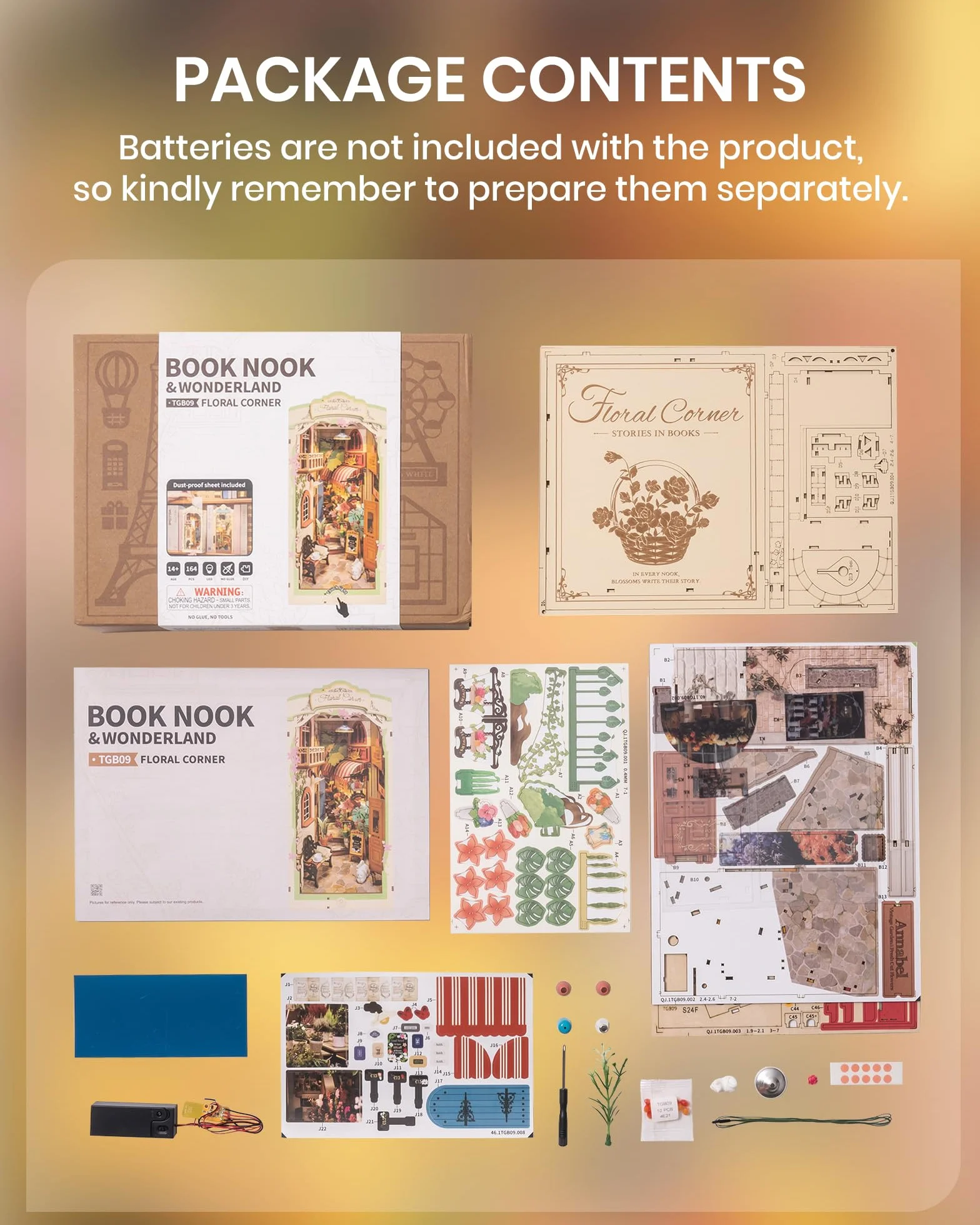 ROBOTIME Zestawy do zakamarków dla dorosłych, kwiatowy narożnik z osłoną przeciwpyłową, Booknook, DIY, miniaturowy zestaw do domu, 3D, drewniane, puzzle, podpórka na książki, półka, dekoracja,