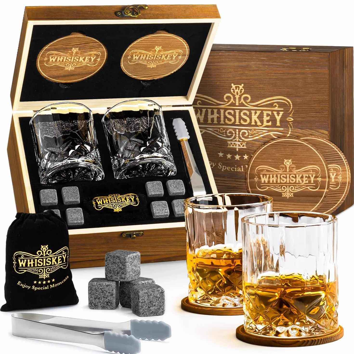 WHISISKEY Zestaw Szklanki do Whisky - Zestaw Prezentowy Whisky - Szklanek do Whiskey - Prezenty dla Mężczyzn - Pudełko Prezentowe, 2 Szklanki na Whisky 310ML, 8 Kamienie do Whisky, Akcesoria