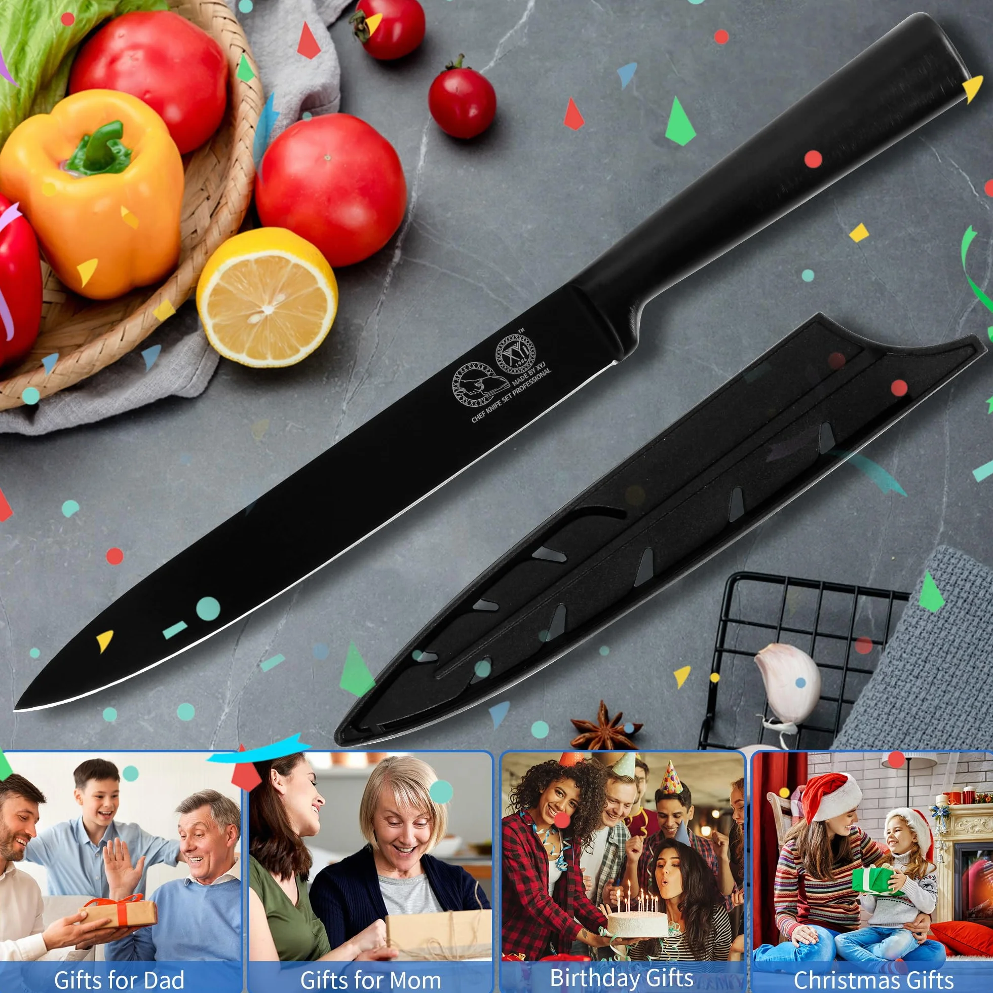 XYJ 8 Inch Professional Kitchen Knife, Full Black Japanese Chef Slicing Knife, Meat Cleaver, Vegetable Slicer Cutting Knife With Sheath, Edge Guard Protector, Outdoor Camping for Mom Dad