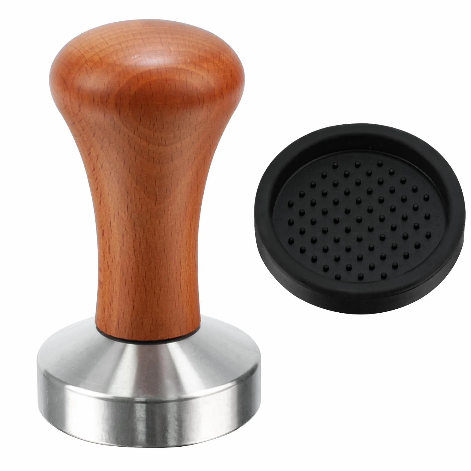 Tamper do espresso, 53 mm, tamper do kawy, z drewnianym uchwytem i matą silikonową, ubijak do kawy, silikonowy ubijak do kawy, ze stali nierdzewnej