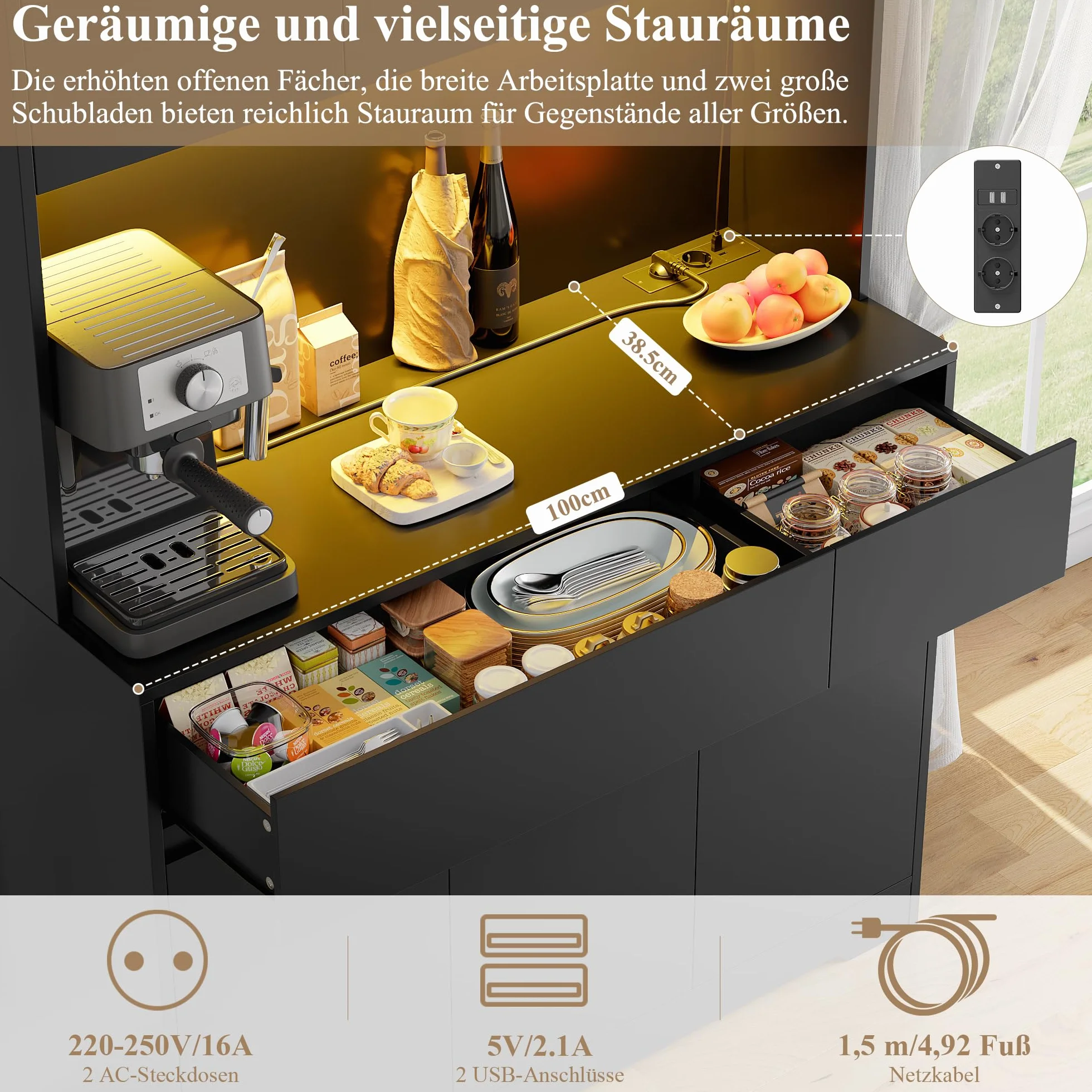 FirFurd Szafka kuchenna o wysokości 180 cm, szafka kuchenna z diodami LED, gniazdko elektryczne, regulowane półki, 2 szuflady, 6 drzwi, duży blat, 180 x 100 x 38,5 cm, czarna