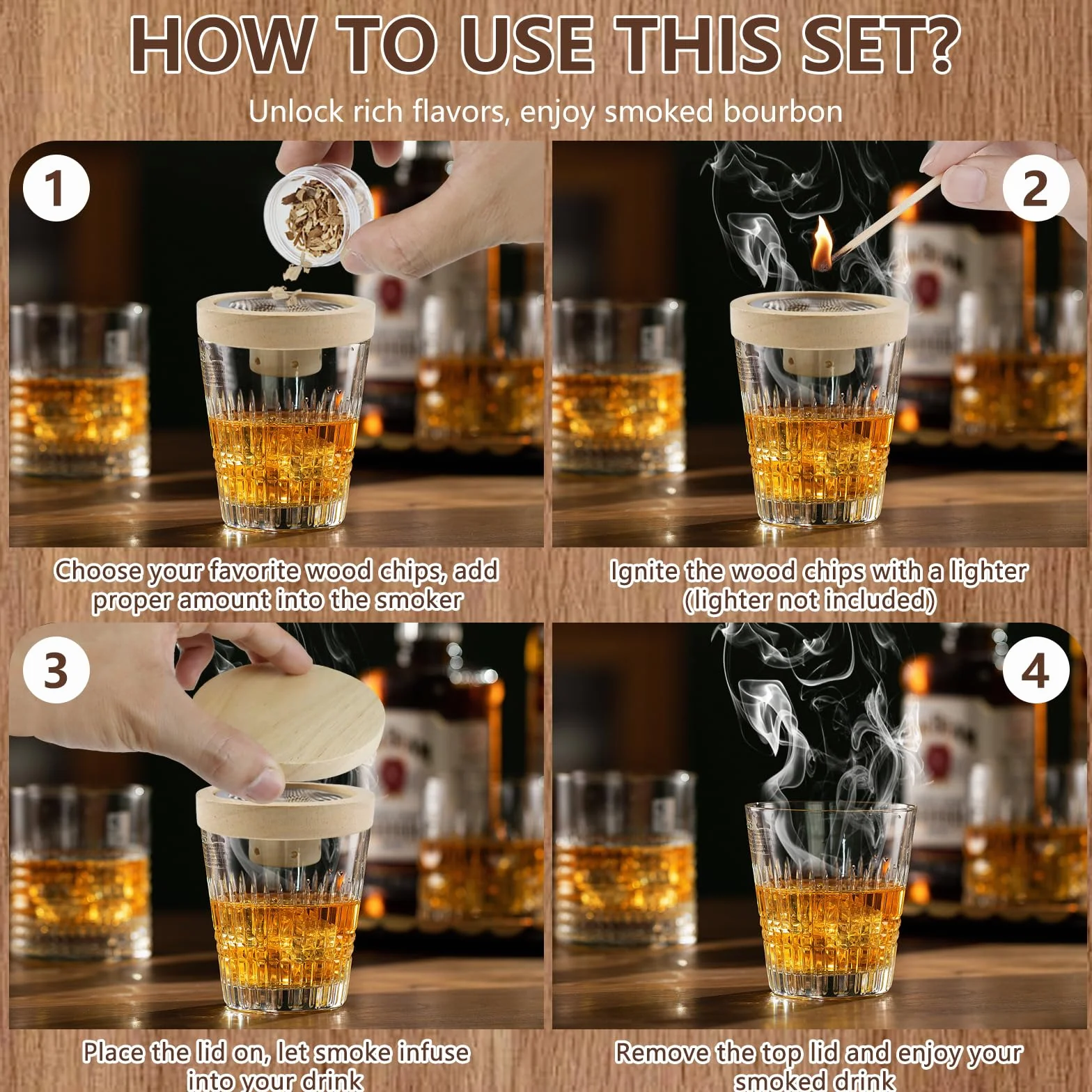 Zestaw do wędzenia koktajli z 5 węglami drzewnymi – zestaw do wędzenia whisky ze stalowymi filtrami, zestaw do wędzenia whiskey na bourbon i old fashioned, akcesoria do whisky i prezenty do whisky dla
