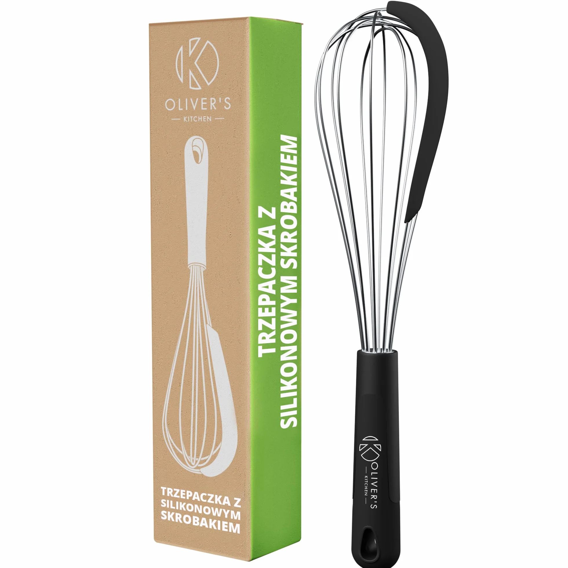 Oliver's Kitchen ® Trzepaczka do Jajek z Silikonowym Skrobakiem – Ubijaczka do Mleka Idealna do Gotowania i Pieczenia w Domu – Trzepaczka Kuchenna do Ubijania Piany, Masła, Białek – Wygodna Rączka