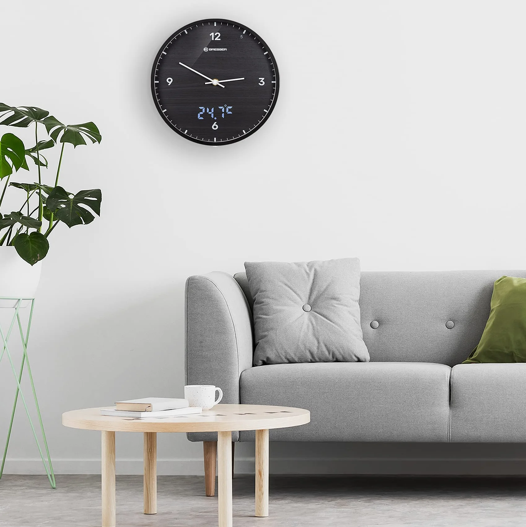 Bresser Zegar radiowy MyTime LEDsec z tarczą 24 cm, wyświetlaczem sekundnika LED, temperatura wewnętrzna i bezgłośny mechanizm zegarowy, czarny