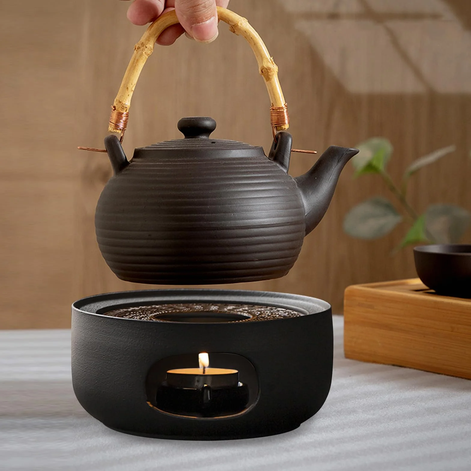 GOMETY podgrzewacz do herbaty i kawy z ceramiki, ceramiczny podgrzewacz, podgrzewacz do herbaty i kawy z podkładką do pieczenia, podgrzewacz do dzbanka do herbaty, wydrążony rzeźbiony wzór do