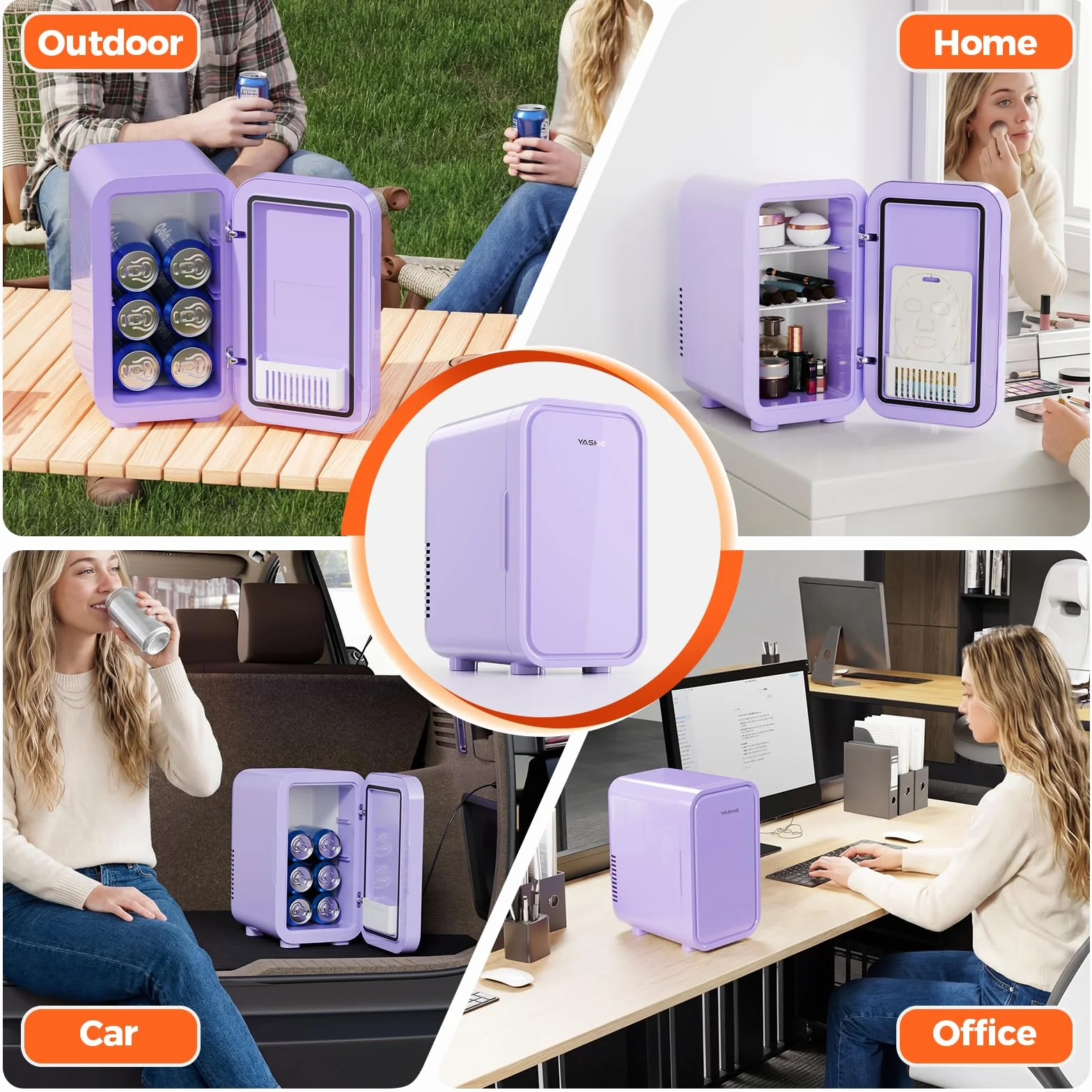 YASHE Mini lodówka, 6 litrów/8 puszek, 220-240 V AC/DC, przenośna termoelektryczna lodówka, lodówka do sypialni, pielęgnacji skóry, napojów, biura, akademika i samochodu, fioletowa