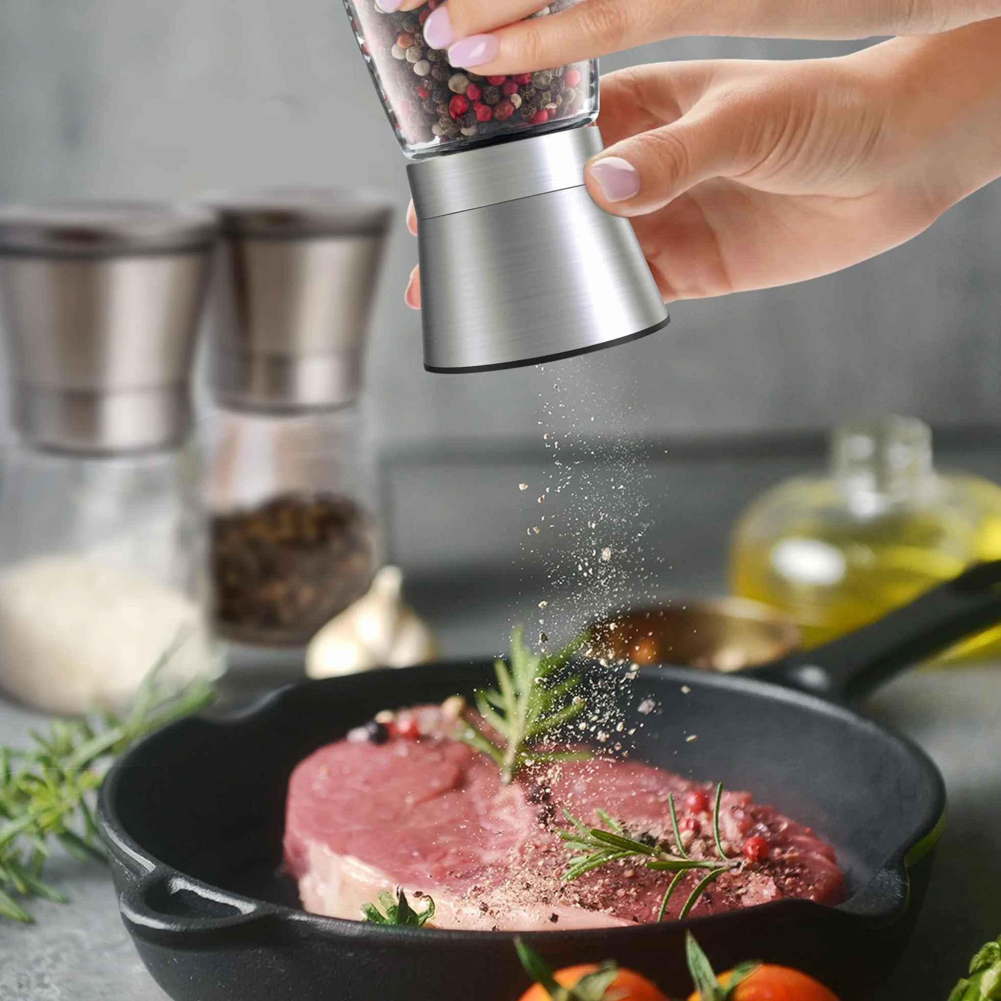 KitchenBoss Młynek do pieprzu: 2 sztuki, regulowany młynek do soli, pieprzu z ceramicznym rdzeniem do mielenia, domu lub kuchni [bez zawartości przypraw]